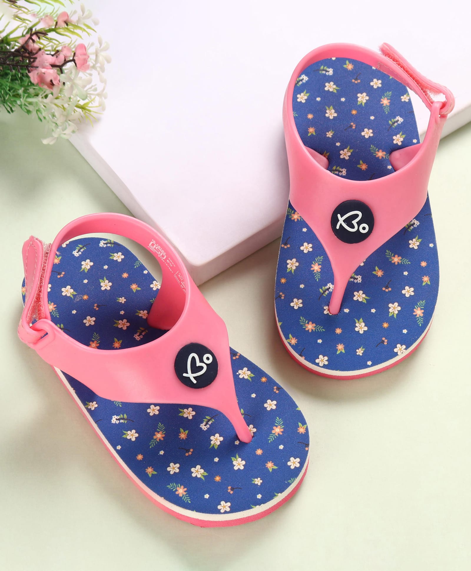 Babyoye Velcro Closer Flip Flops with Backstrap & Floral Print - Blue & Pink