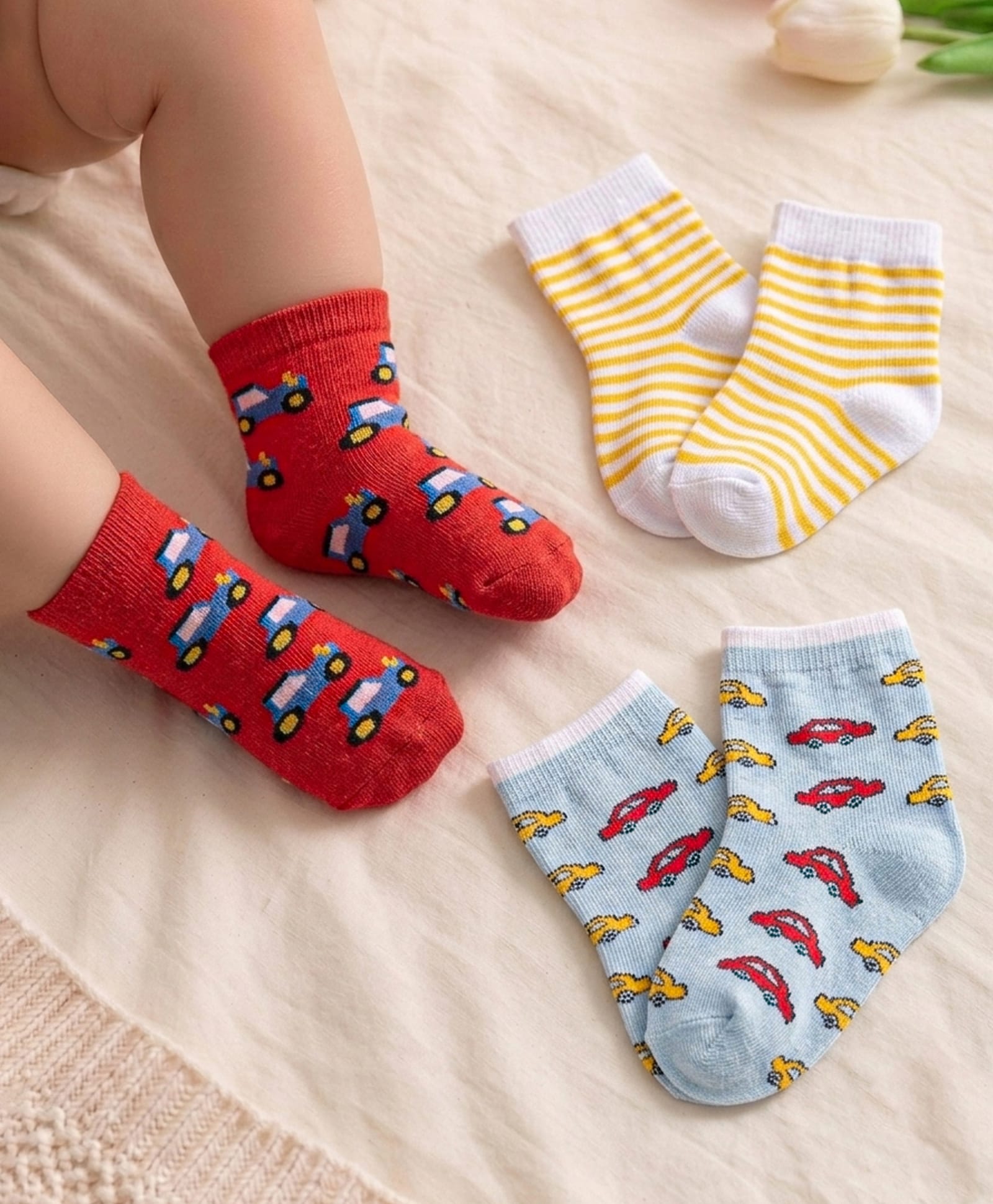 Cute Walk by Babyhug Ankle Length Antibacterial Socks with Vehicle Design Pack Of 3 - White & Red-picture-17