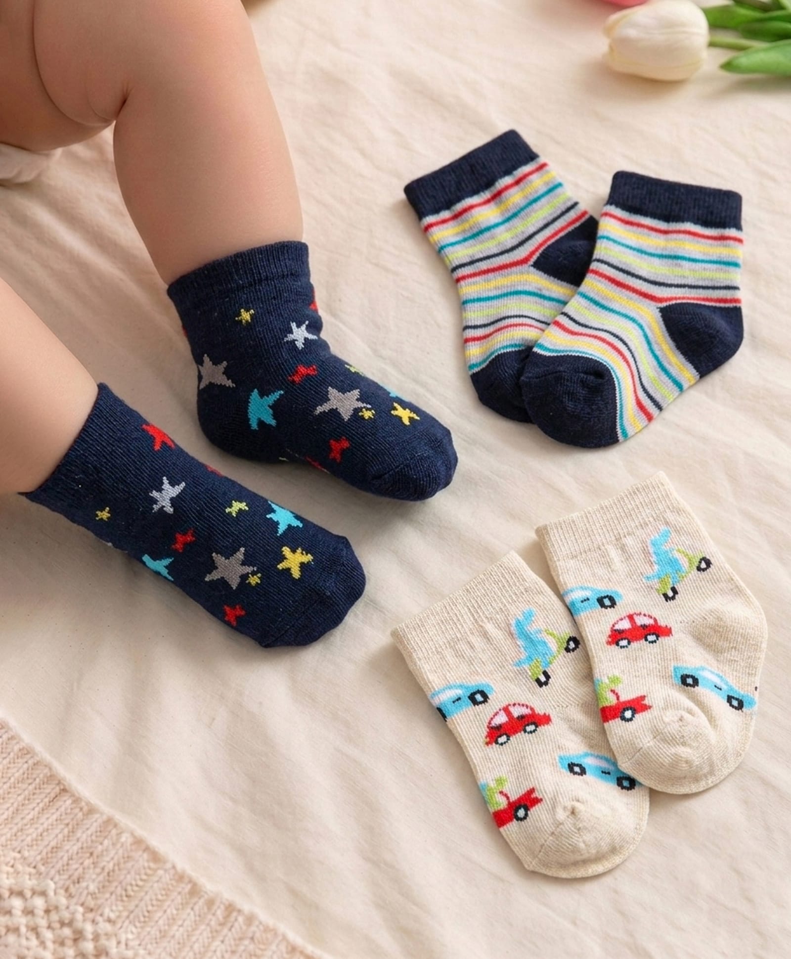 Cute Walk by Babyhug Ankle Length Antibacterial Socks with Vehicle & Star Design Pack Of 3 - White & Navy Blue-picture-24