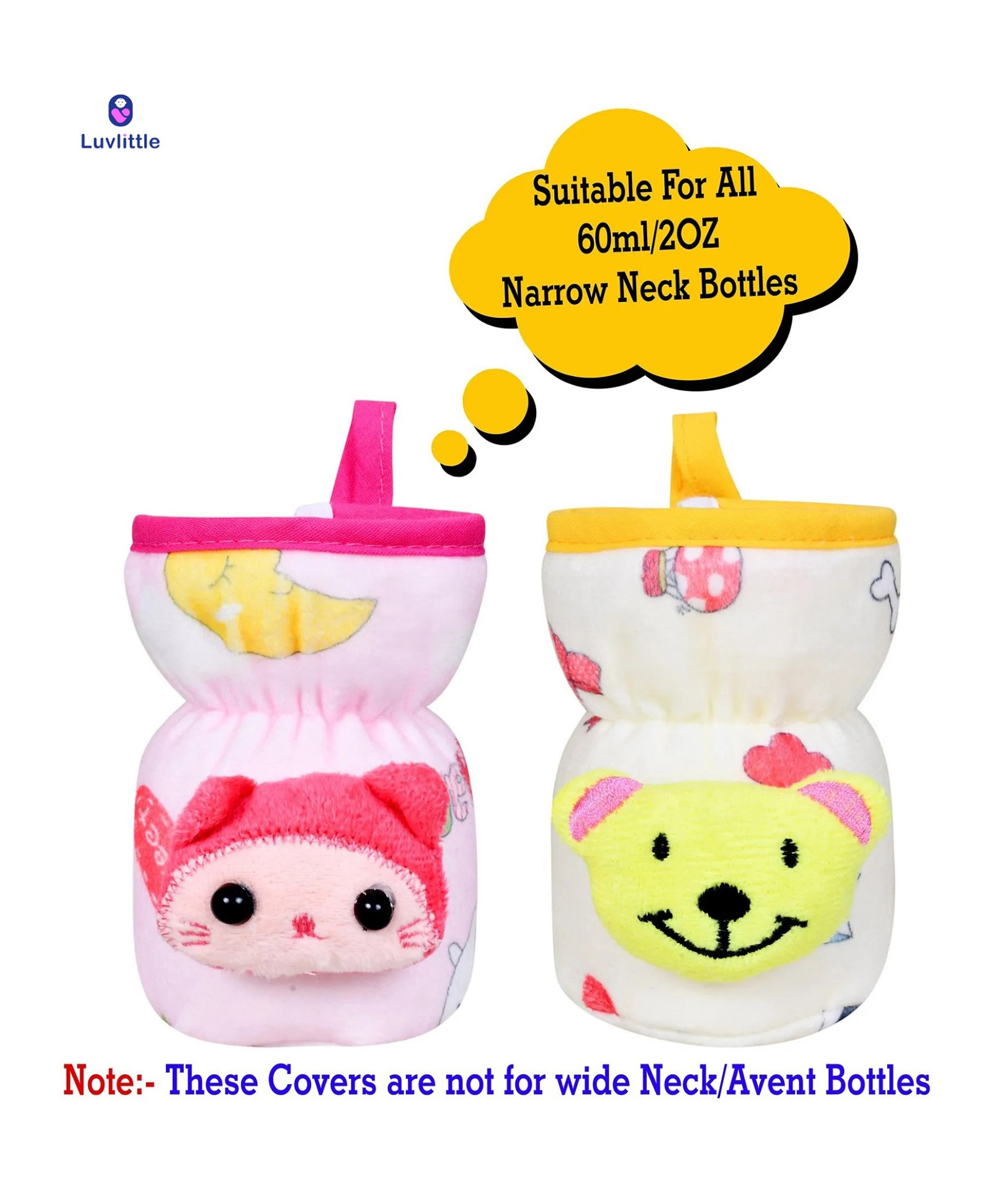Luvlittle Plush Bottle Cover with Elastic Neck Pack of 2 Yellow Pink - Fits 125 ml 120 ml 140 ml Bottle ( Cartoon Print May Very)-image-49