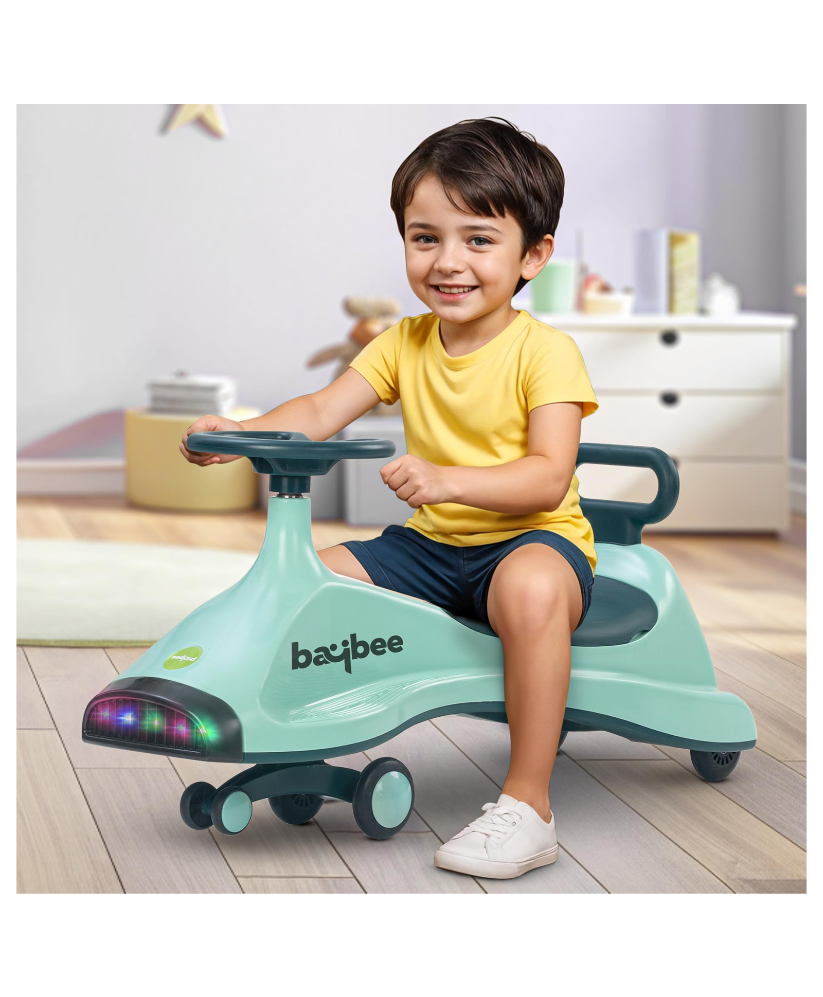 Baybee Primo Kids Magic Swing Cars for Kids | Push Ride on Baby Car with 360° Steering, LED Lights, Music & Storage | Twister Ride on Toy Kids Car | Magic Car for Kids (Green)