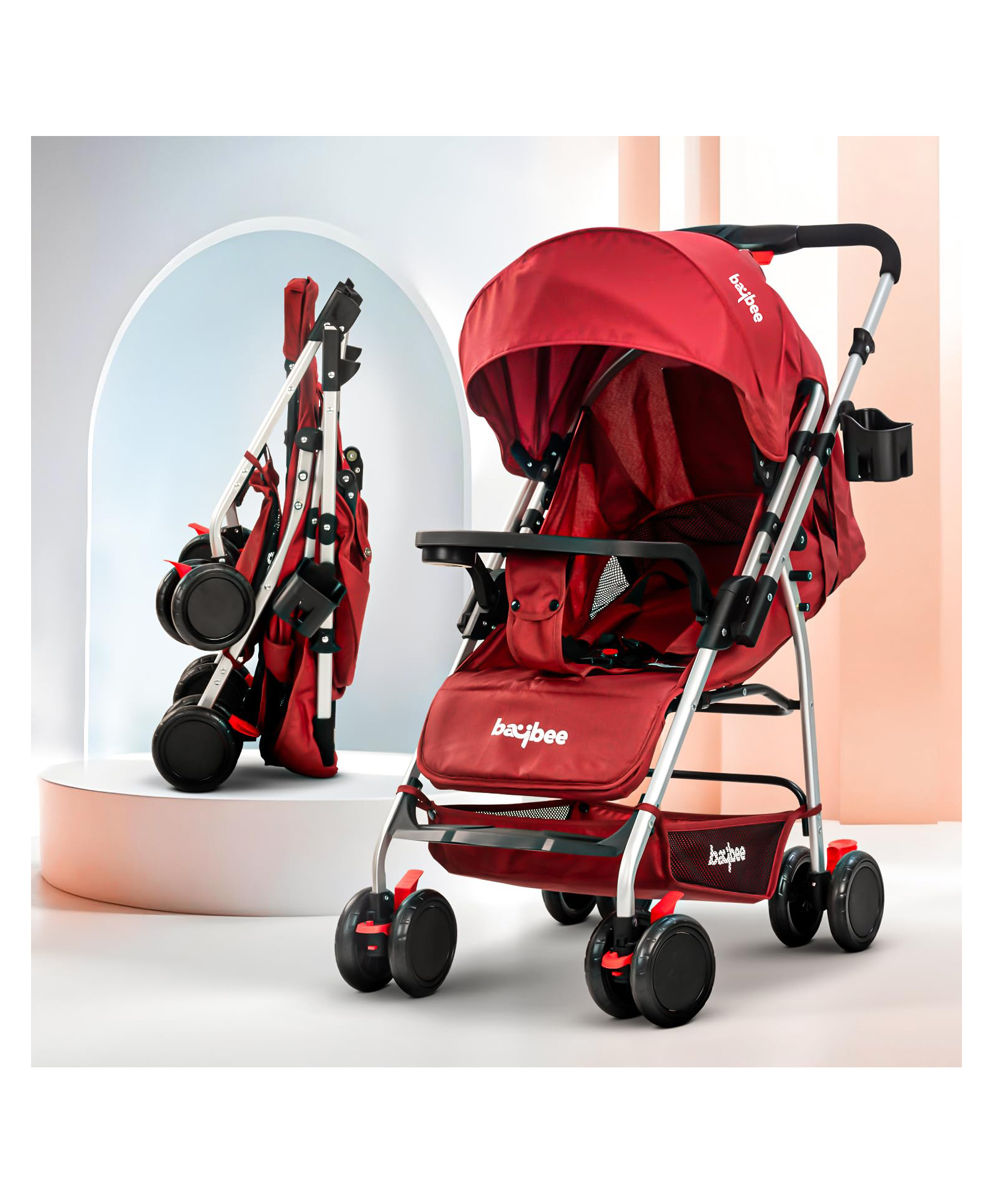 Baybee Convertible Infant Baby Pram Stroller for Newborn Babies with 3-Position Adjustable Seat & Canopy, Reversible Bassinet & 3 Point Safety Belt | Baby Stroller for Toddlers (Red)-image-10