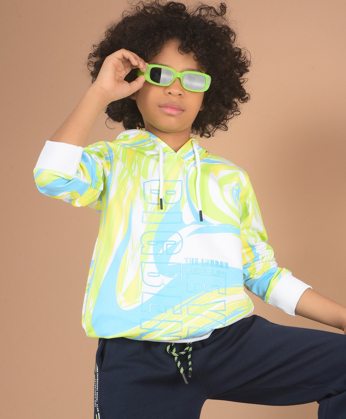 CRIMSOUNE CLUB Cotton Full Sleeves Abstract Printed Hooded Sweatshirt - Green-image-43