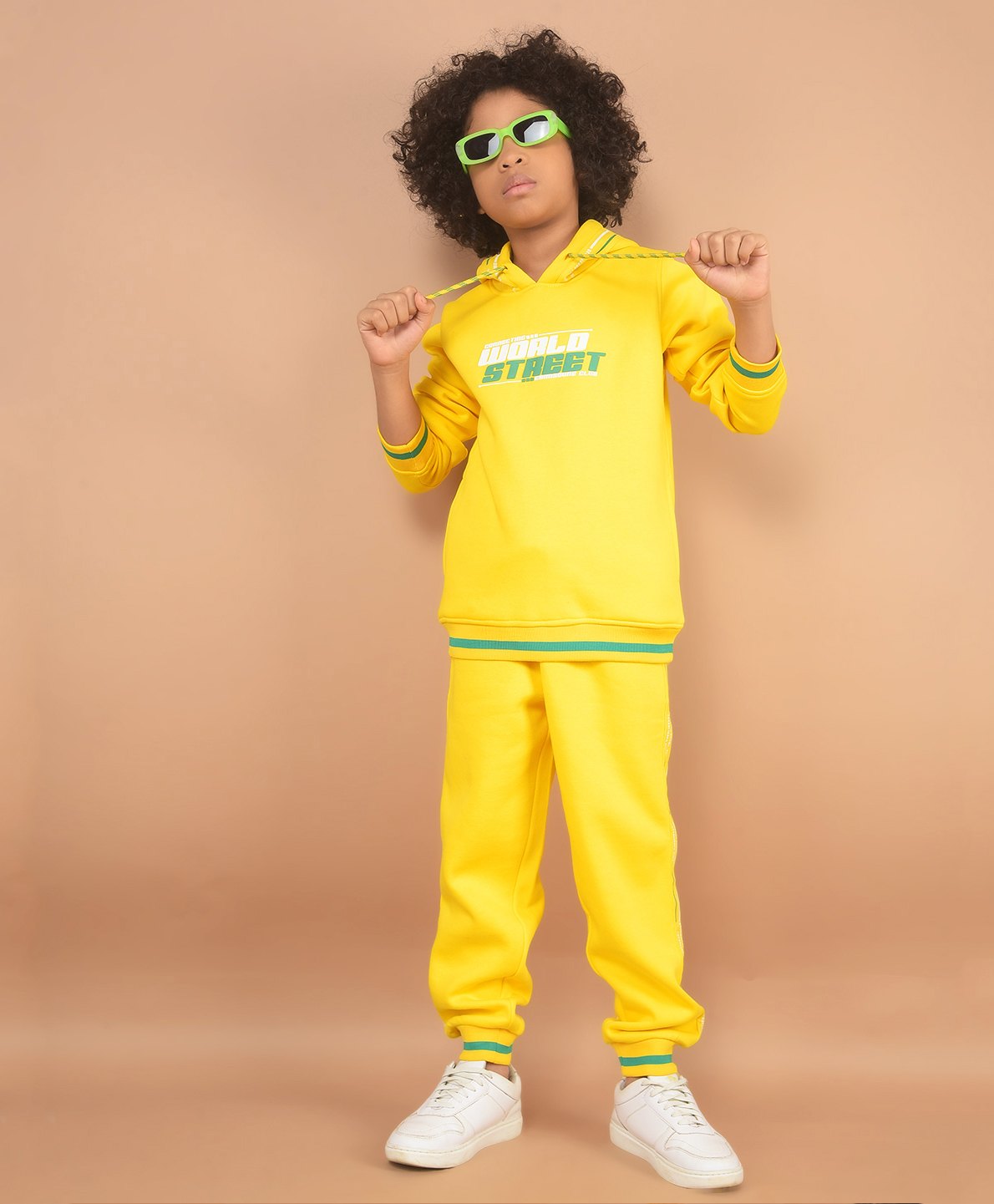 CRIMSOUNE CLUB Cotton Full Sleeves World Street Text Printed Hooded Sweatshirt With Solid Joggers Set - Yellow-picture-31
