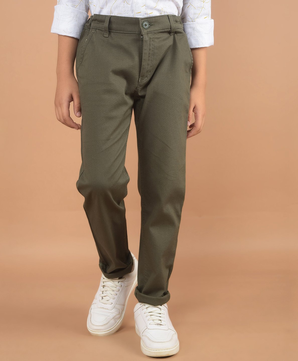 CRIMSOUNE CLUB Cotton Solid Trousers - Olive Green-picture-17