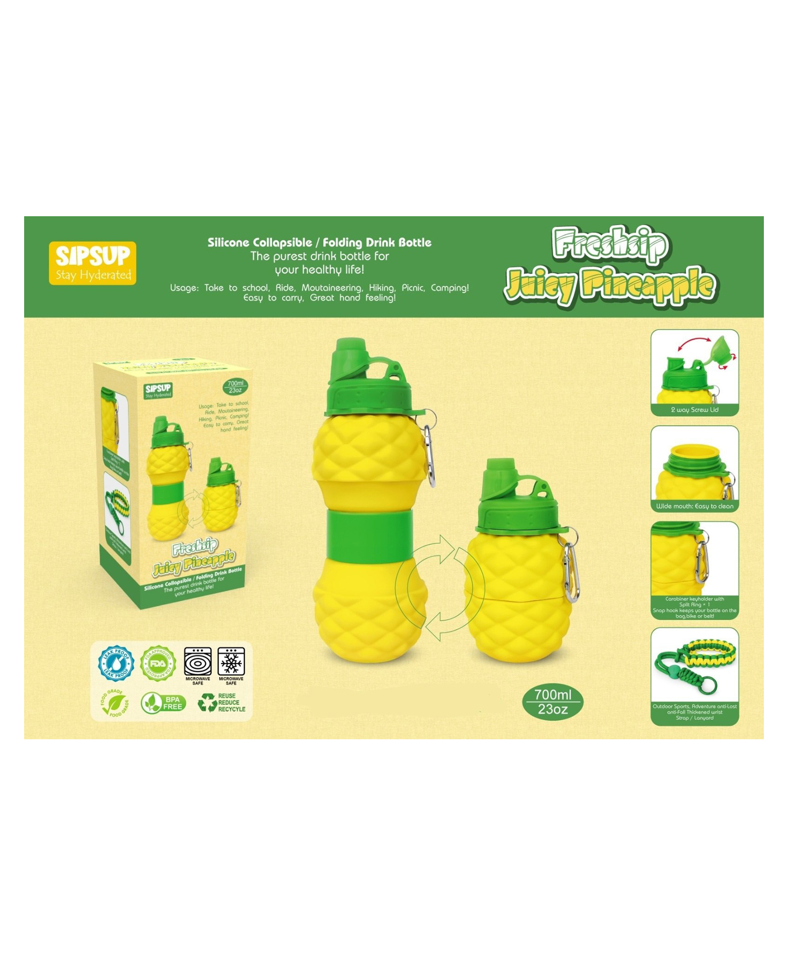 Azhari Bottle Freshship Juicy Pineapple Design Silicone Collapsible Folding Drink Bottle Washable Water Bottle 700 ml -Color May Vary-image-3