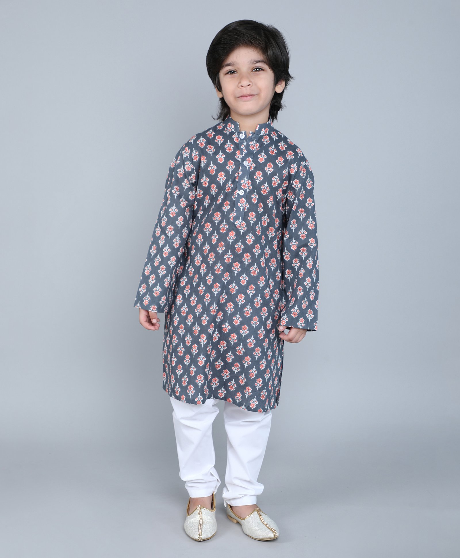 Little Clothing Cotton Linen Full Sleeves Floral Printed Kurta Churidar Set - Grey-picture-18