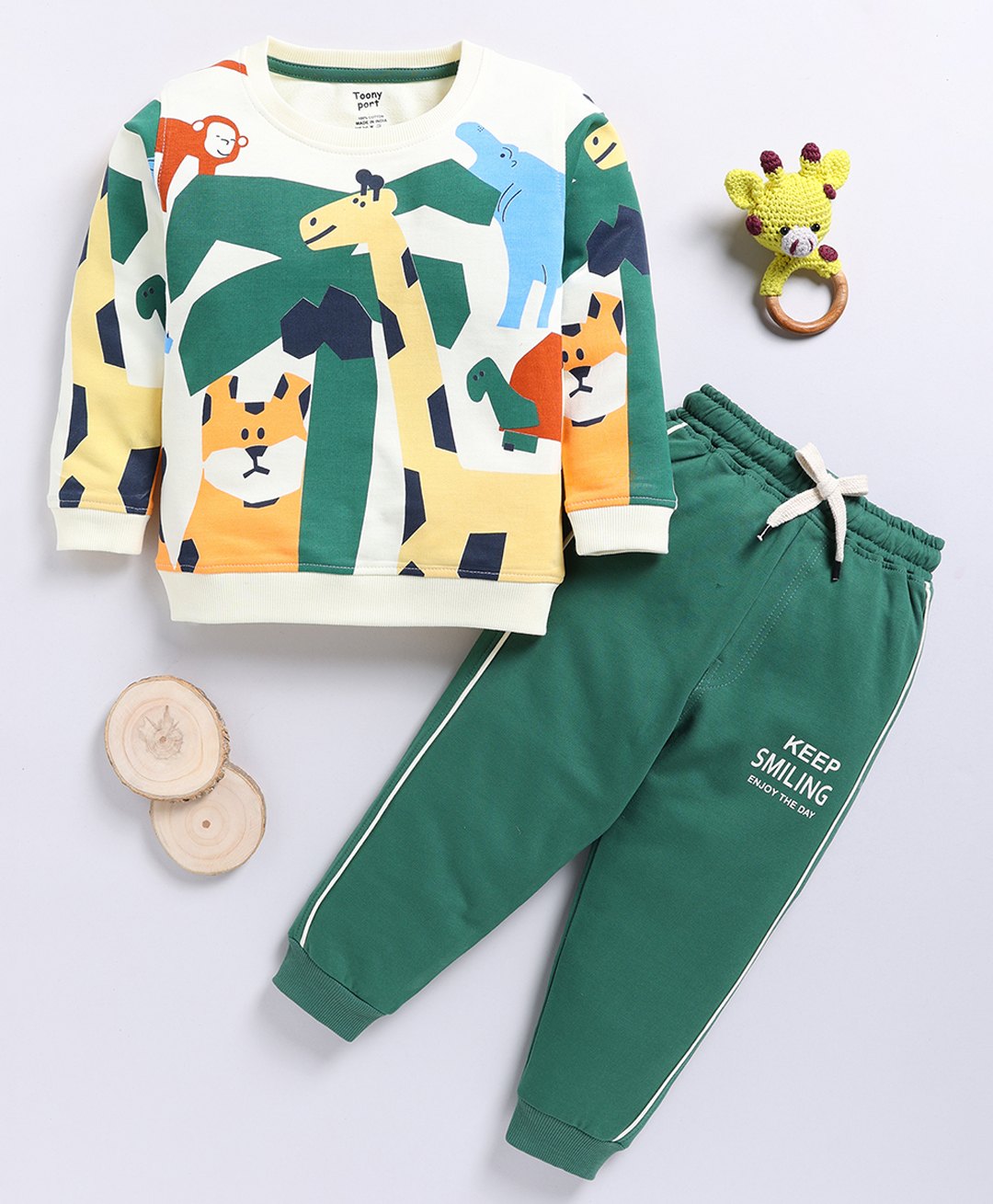TOONYPORT Cotton Full Sleeves Animals Printed Tee & Pant Set - Cream-picture-20