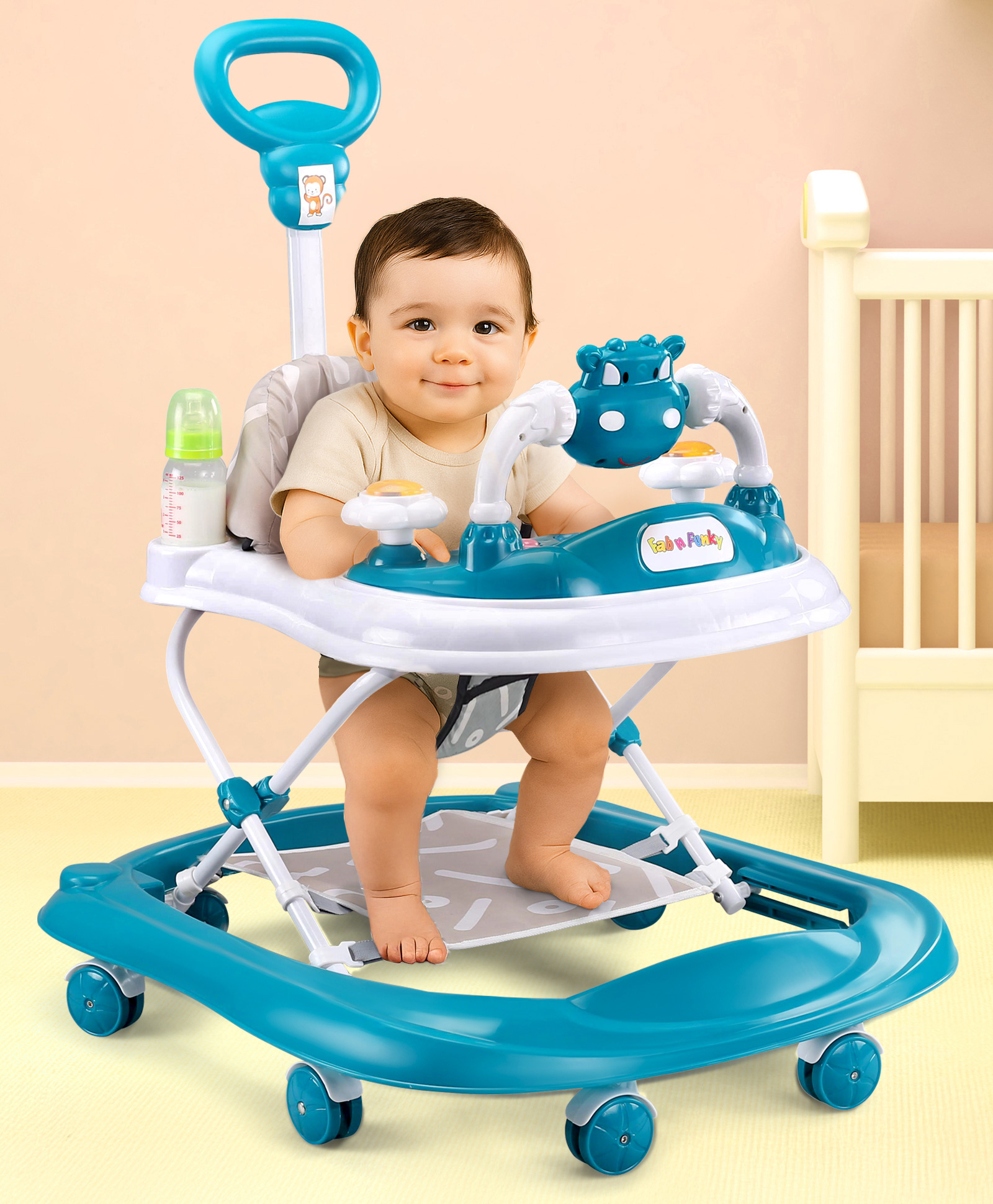 Baby Walker with Parental Push Handle & Music - Teal Blue
