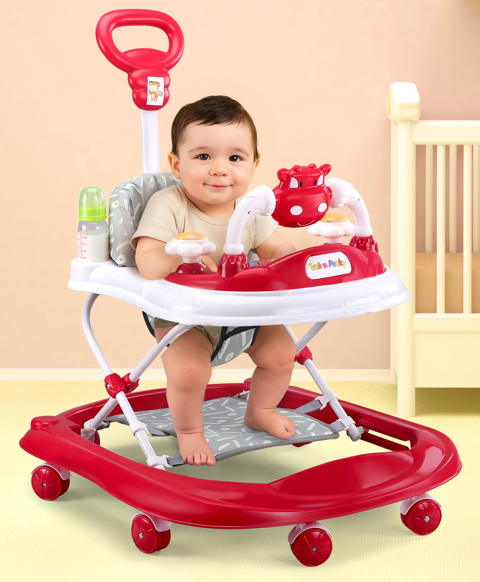 Baby Walker with Parental Push Handle & Music - Red