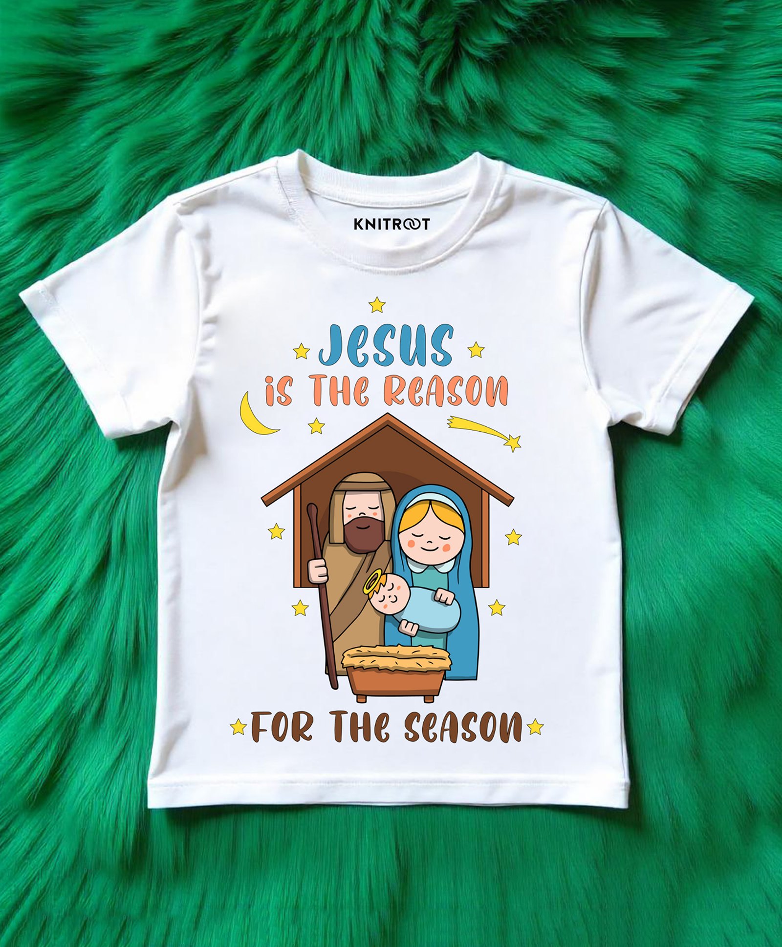 KNITROOT Christmas Theme Half Sleeves Jesus Is The Reason For The Season Text Printed Tee - White-picture-25