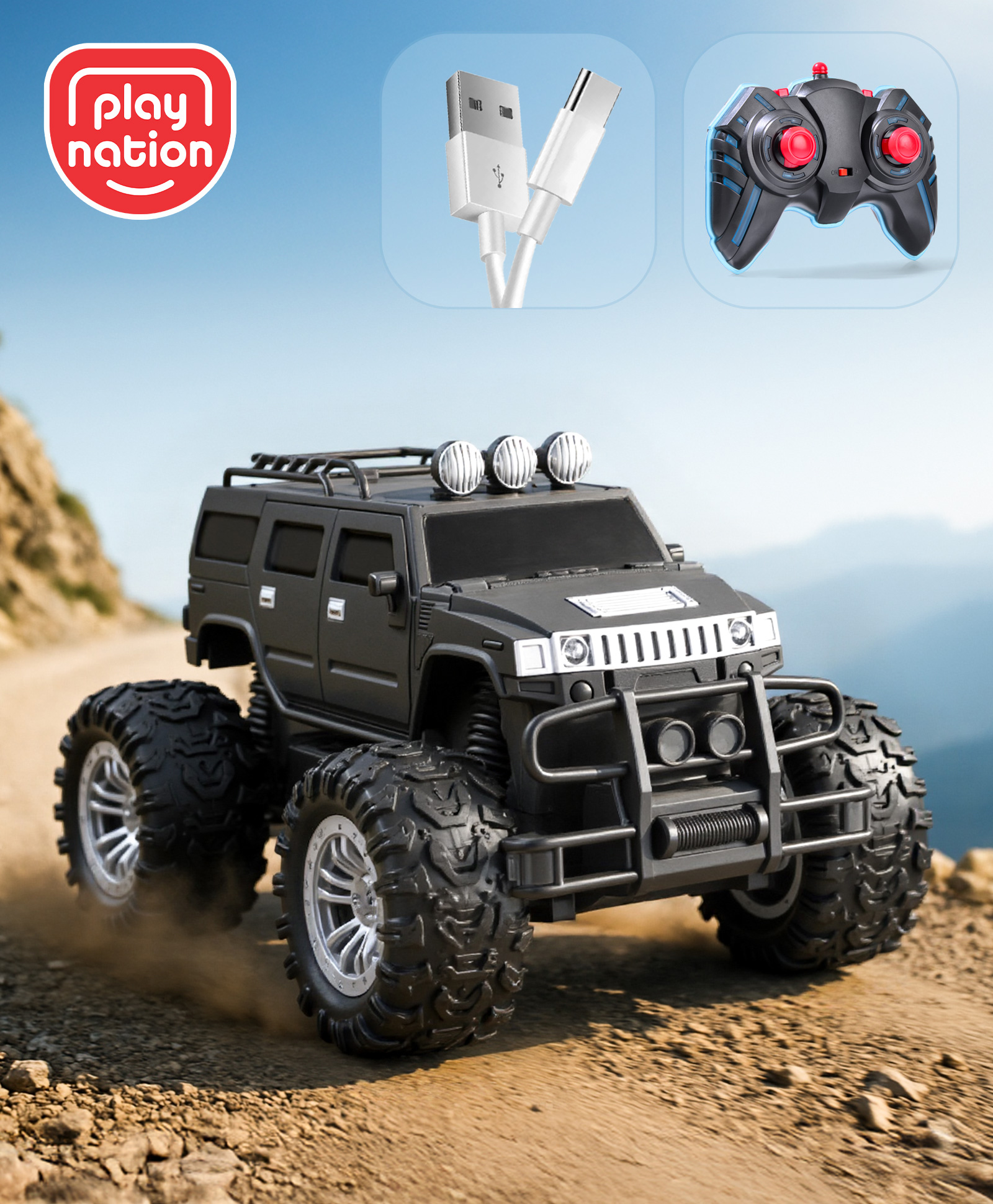 Play Nation Off Roader Rechargeable Remote Control Truck With Normal & Turbo Speed & 4 Headlight Modes - Black