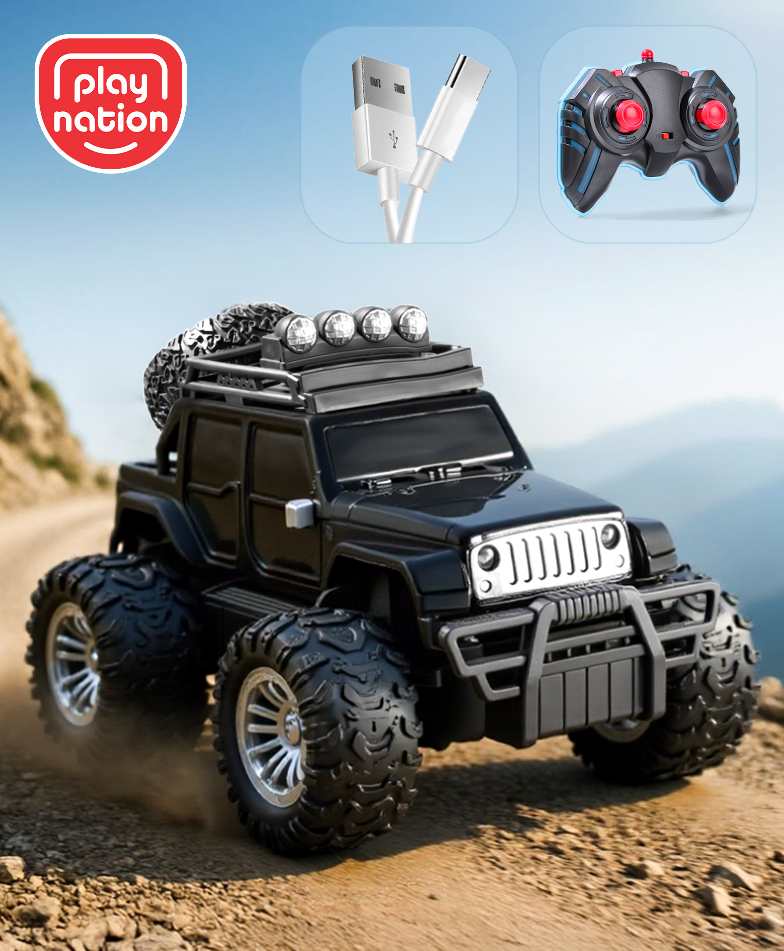 Play Nation Off Roader Rechargeable Remote Control Jeep With Normal & Turbo Speed & 4 Headlight Modes - Black
