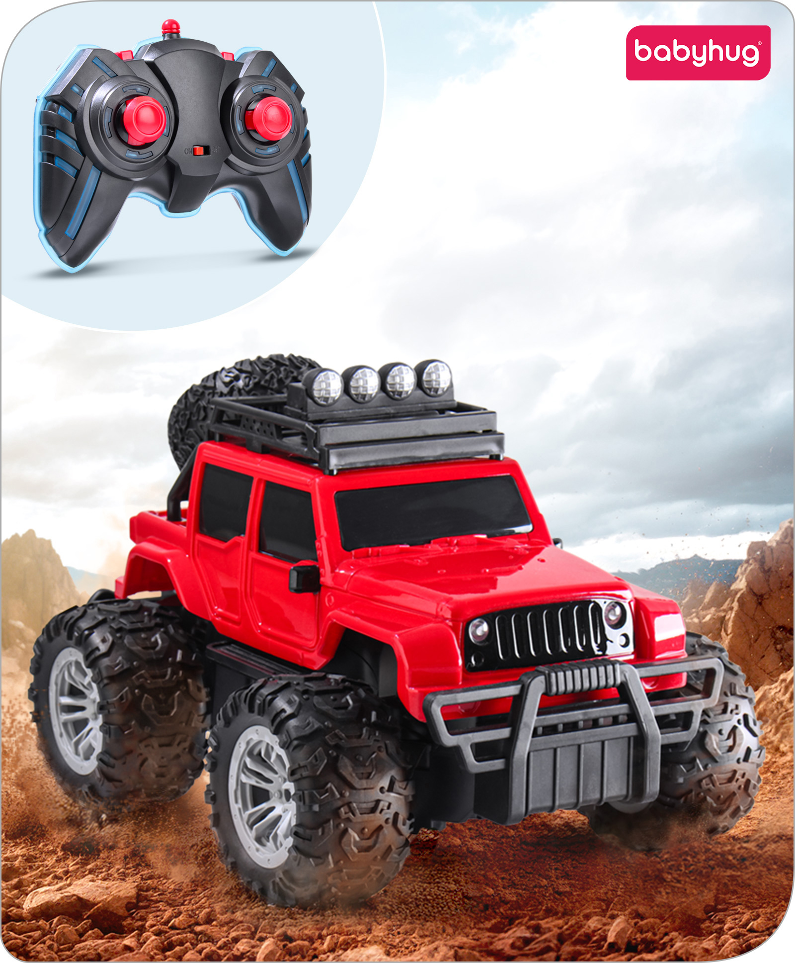 Babyhug Off Roader Rechargeable Remote Control Jeep with Normal & Turbo Speed & 4 Headlight Modes - Red