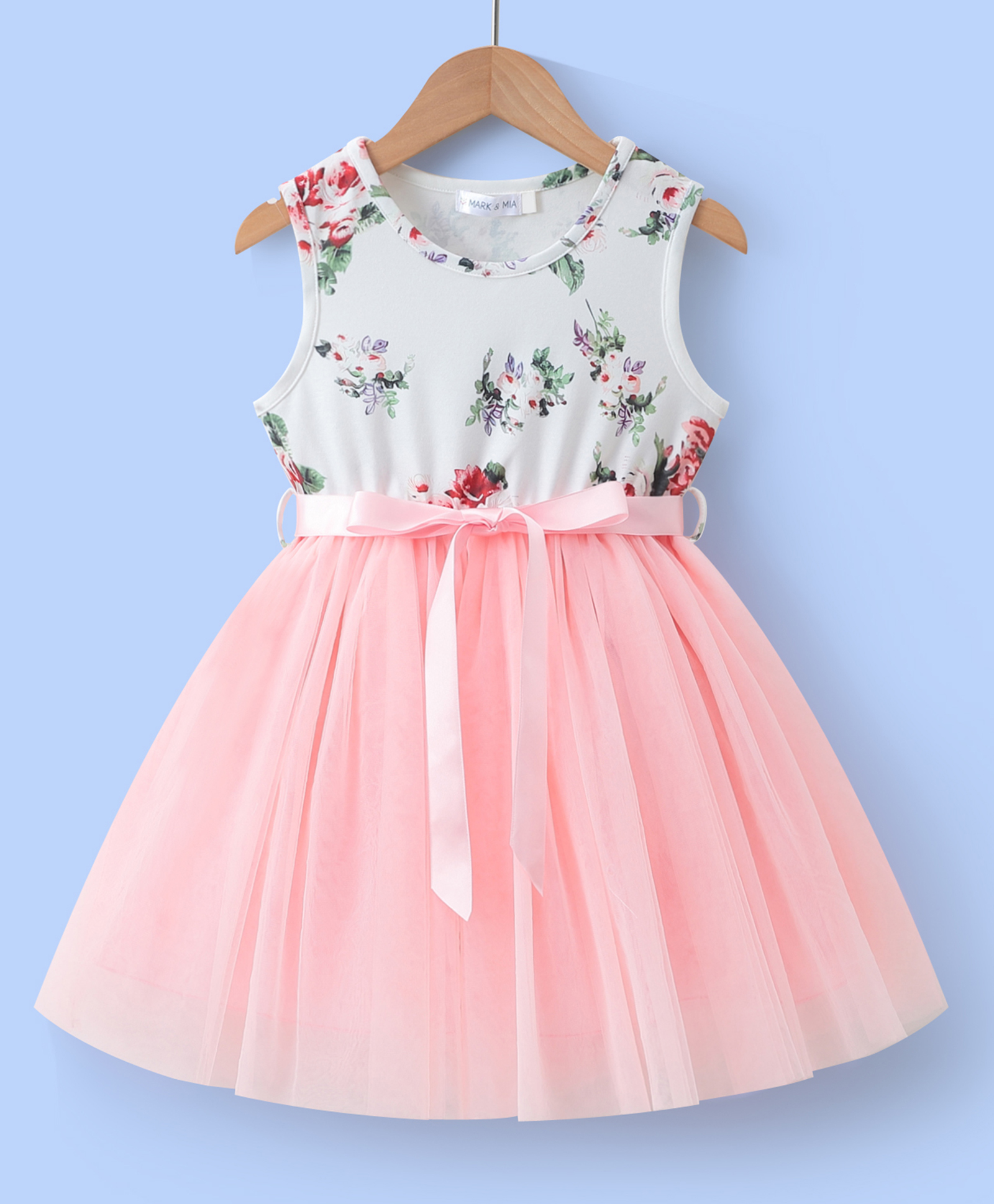 Mark & Mia Sleeveless Party Frock with Bow Applique & Floral Print - Pink-image-12