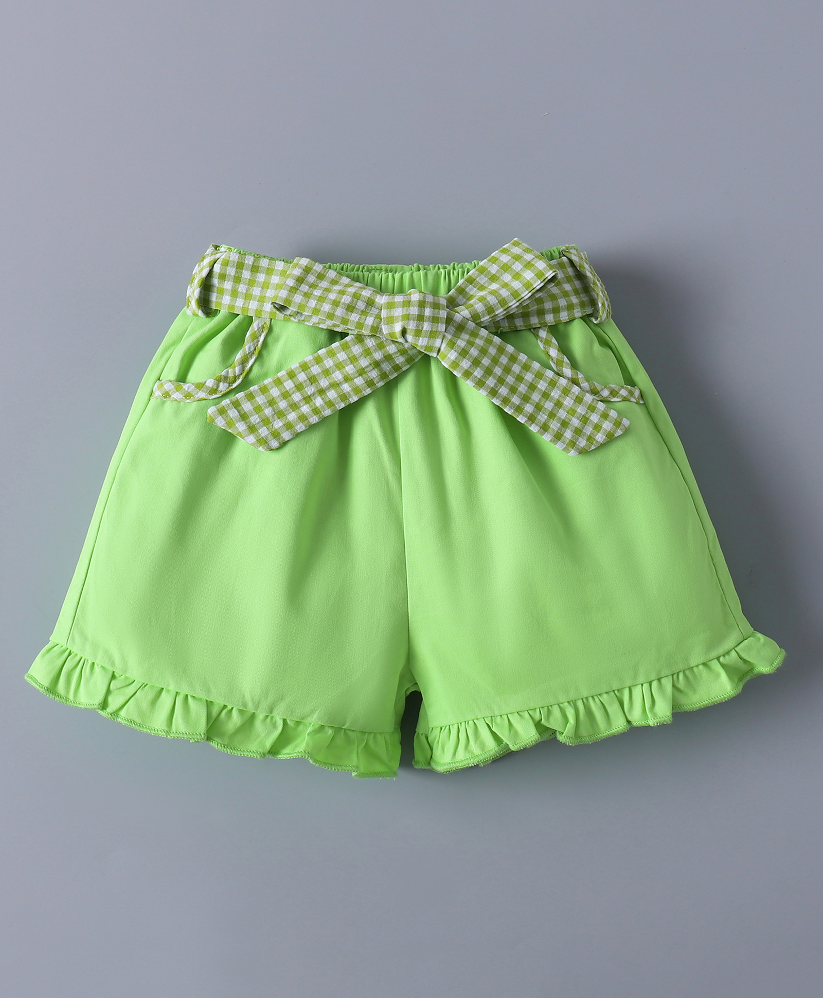 Mark & Mia Cotton Shorts with Frill & Wast Belt Detailing - Green-picture-22