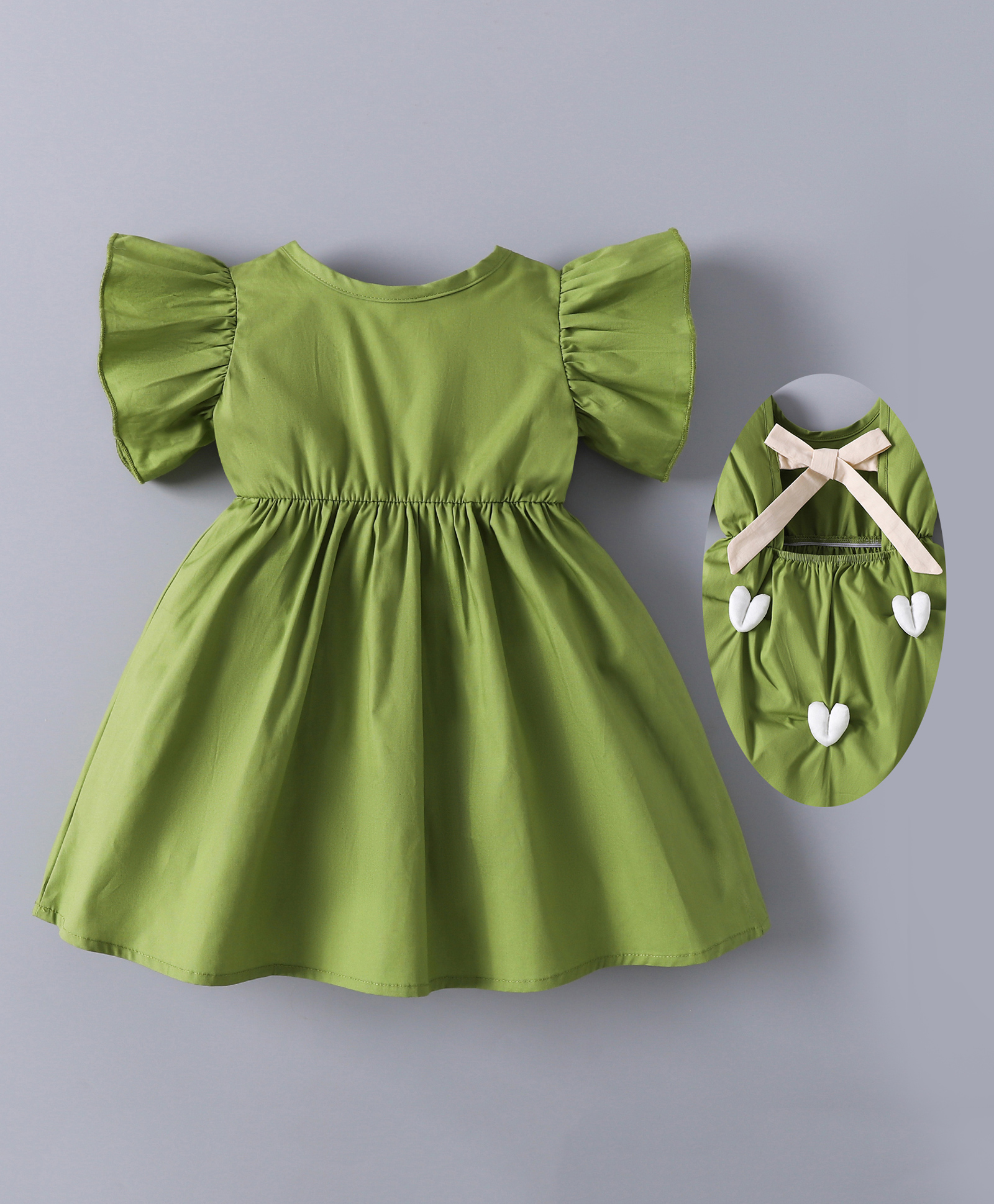 Mark & Mia Half Flutter Sleeves Solid Cotton Dress With Bow Applique - Green-picture-28