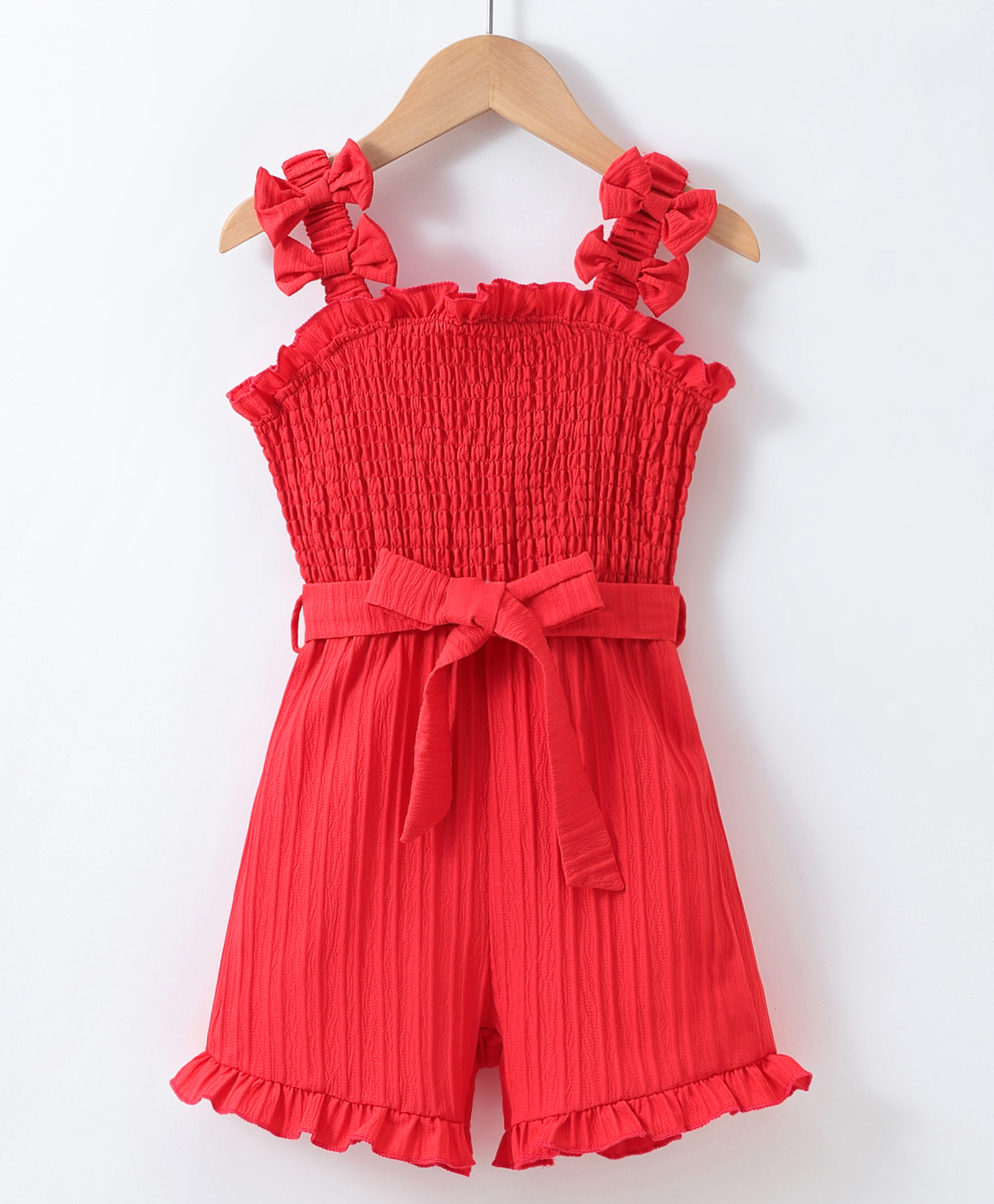 Mark & Mia Sleeveless Textured Jumpsuits with Smock Detailing & Bow Applique - Red-picture-17