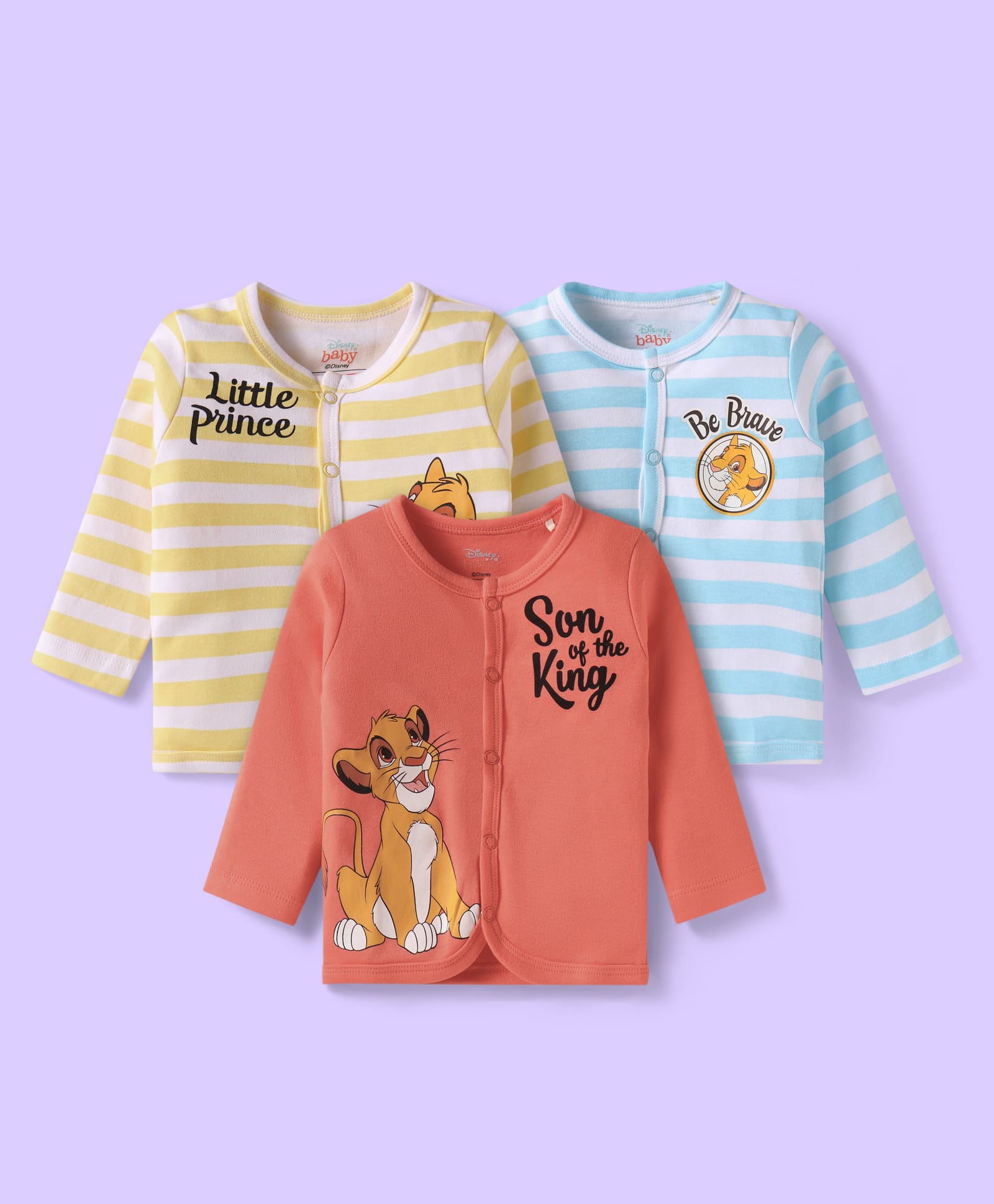 Babyhug Disney Interlock Knit Full Sleeves Jhablas with Lion King Graphics Pack of 3 - Coral Yellow & Light Blue-image-46