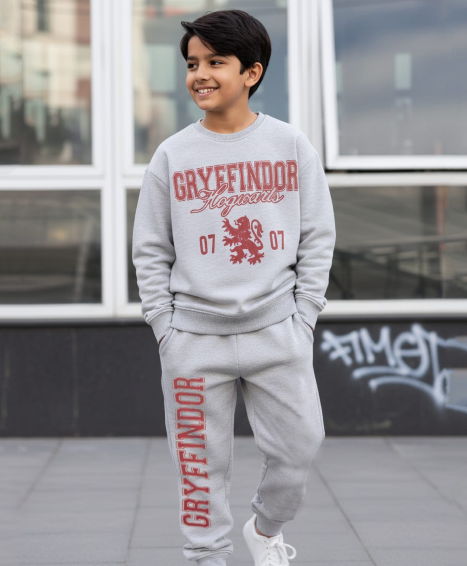 Nap Chief Warner Bros Harry Potter Featuring Pure Cotton Full Sleeves Gryffindor Printed Oversized Sweatshirt & Joggers Set - Ecru Melange-image-48
