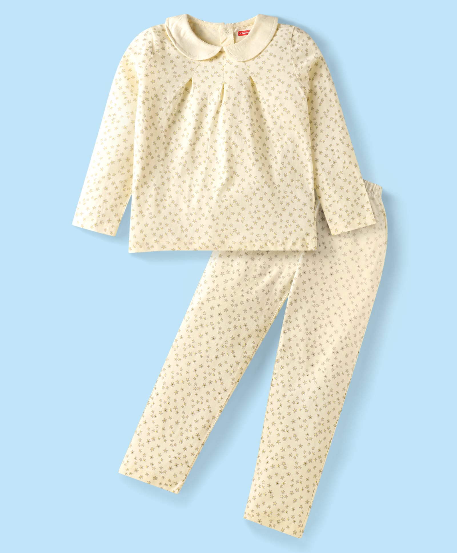 Babyhug Single Jersey Knit Full Sleeves Night Suit with Floral Print - Light Yellow-picture-10