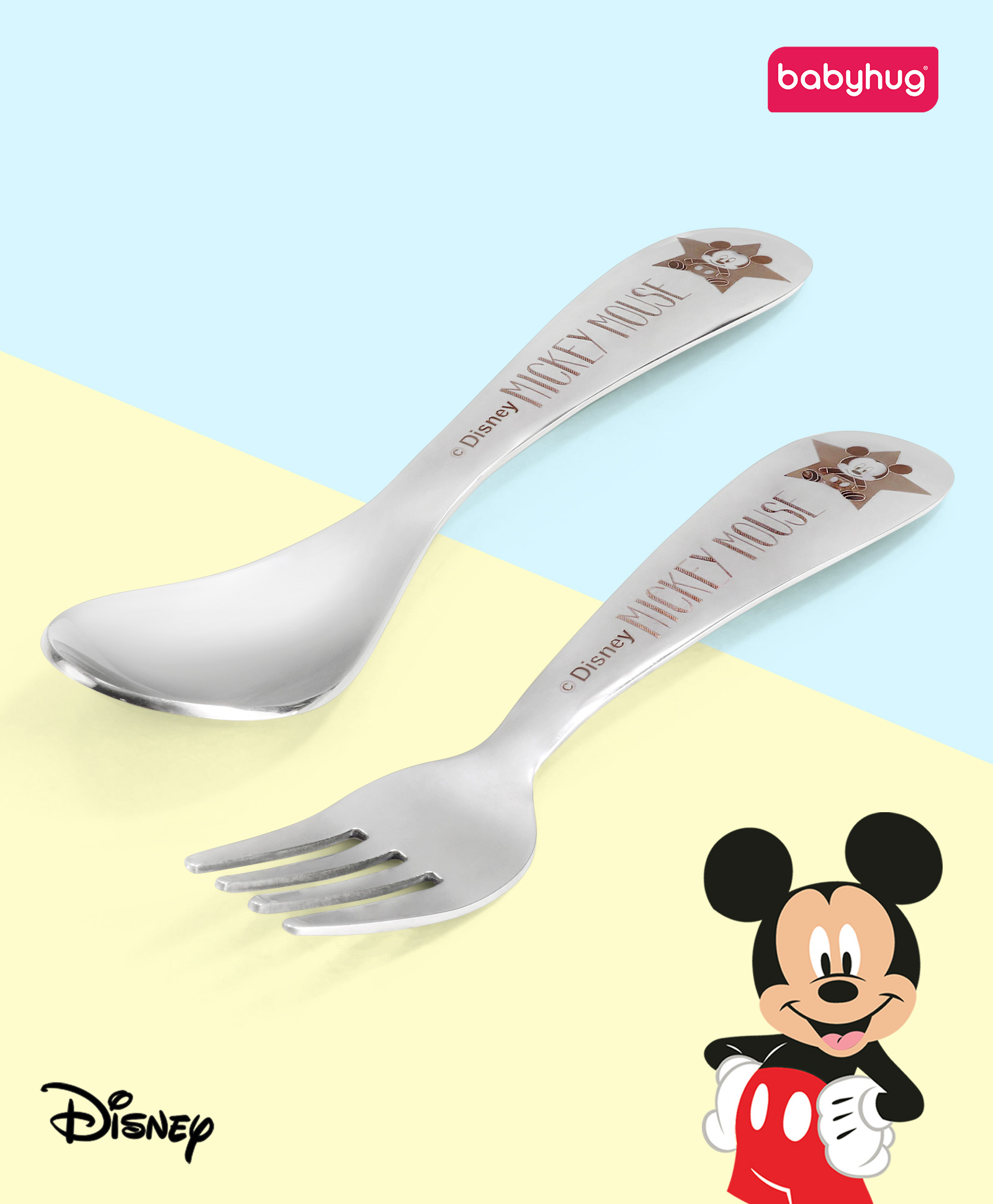 Babyhug Disney Minnie Mouse Stainless Steel Fork & Spoon Set | Easy to Clean & Maintain| Encourage Self Feeding| Laser Print| Dishwasher Safe| Gifting Option - Silver