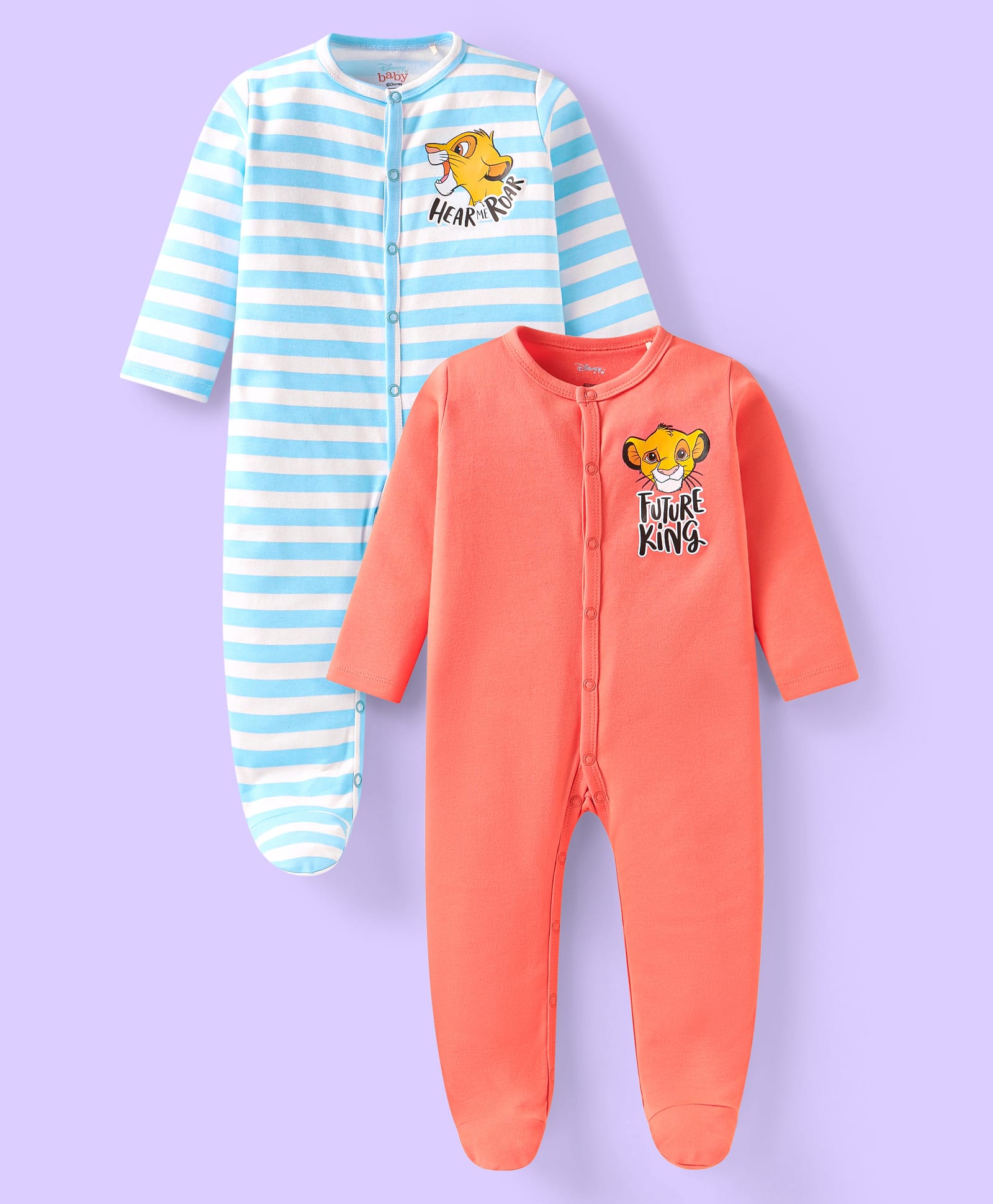 Babyhug Disney Interlock Knit Full Sleeves Footed Sleep Suits With Lion King Graphics Pack of 2 - Coral & Light Blue-image-38