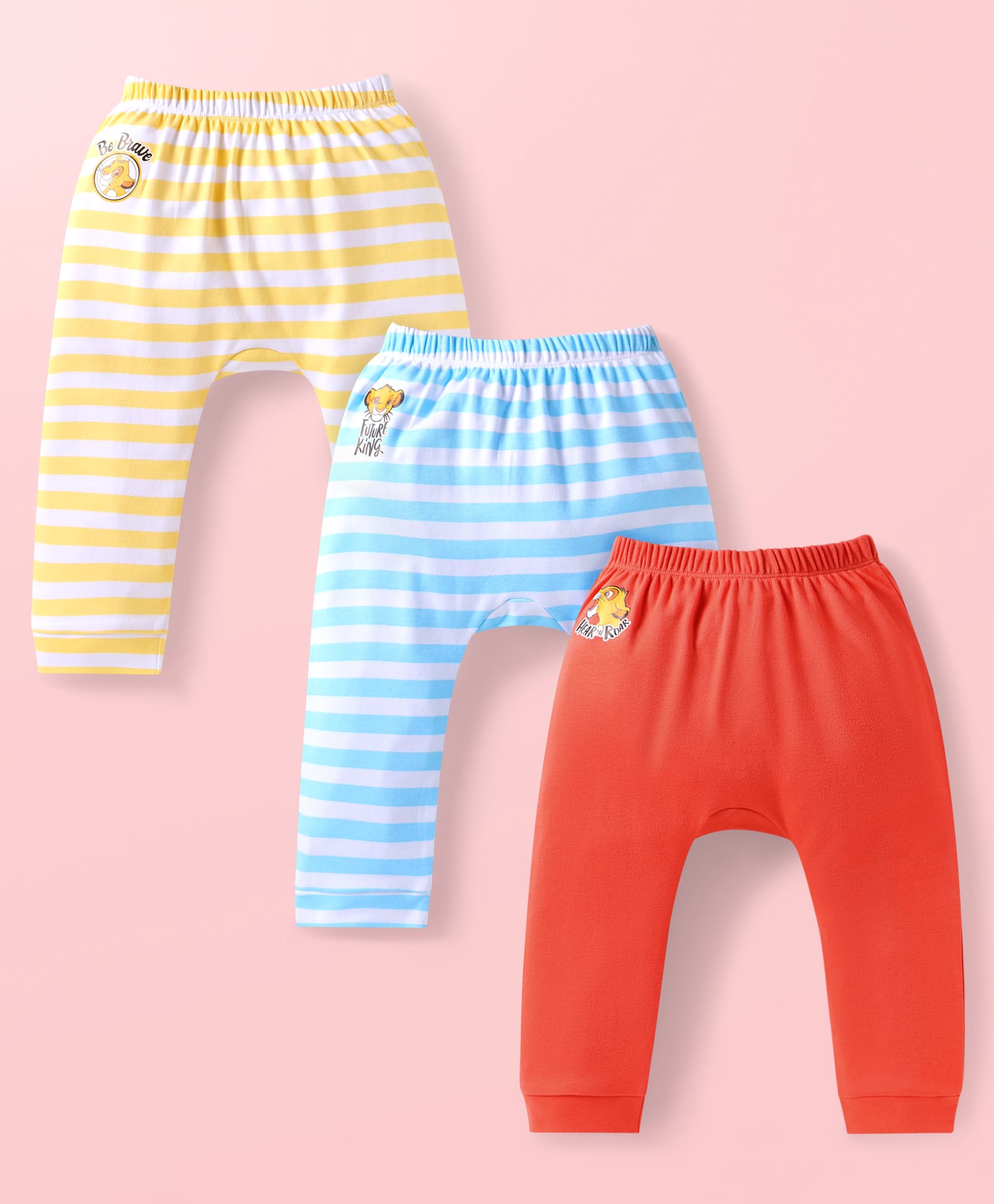 Babyhug Disney Interlock Knit Diaper Leggings with Stripes & The Lion King Graphics Pack of 3- Yellow White & Blue-image-3