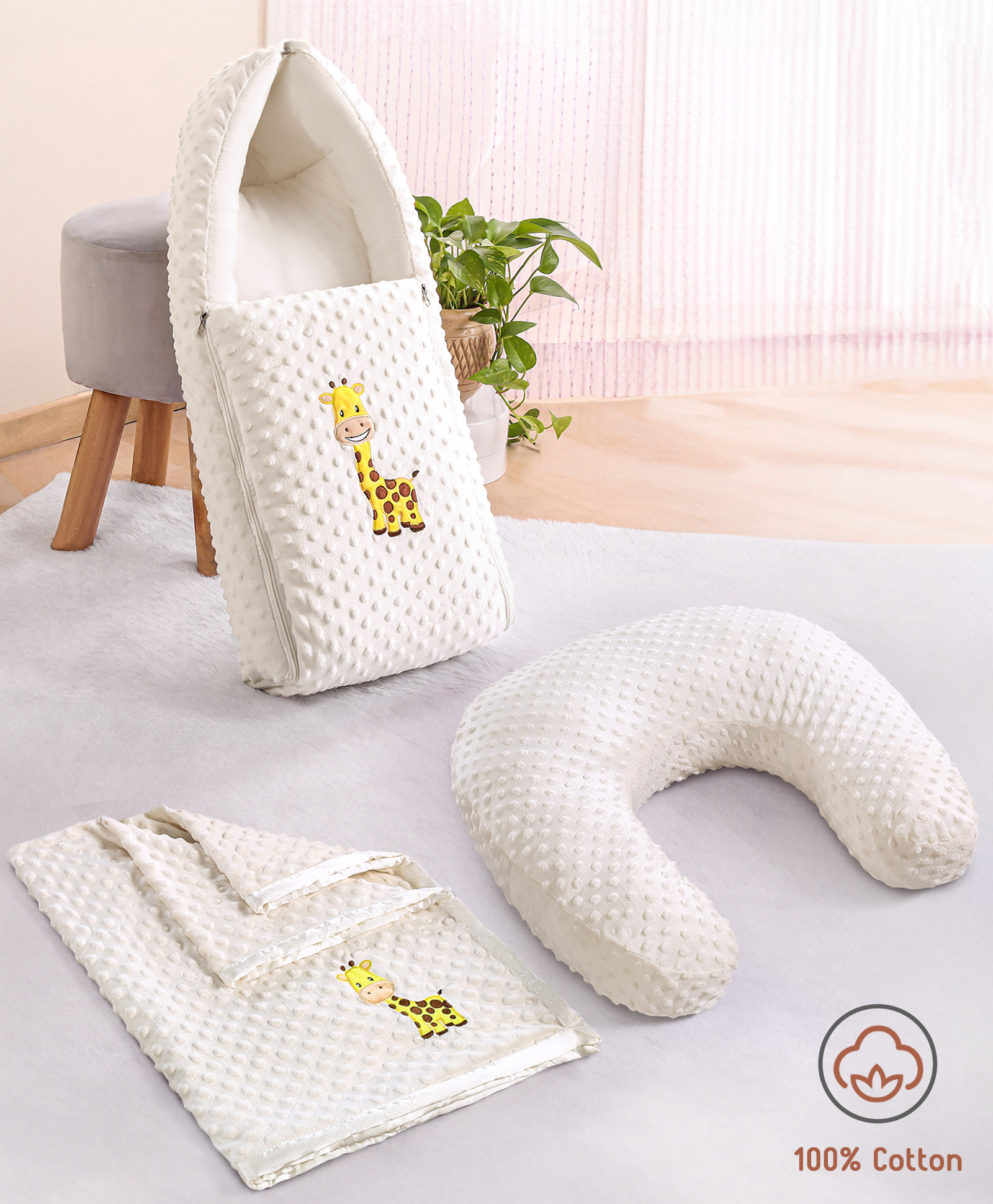 Babyhug Sleeping Bag Feeding Pillow & Blanket Combo Set with Giraffe Embroidery - White