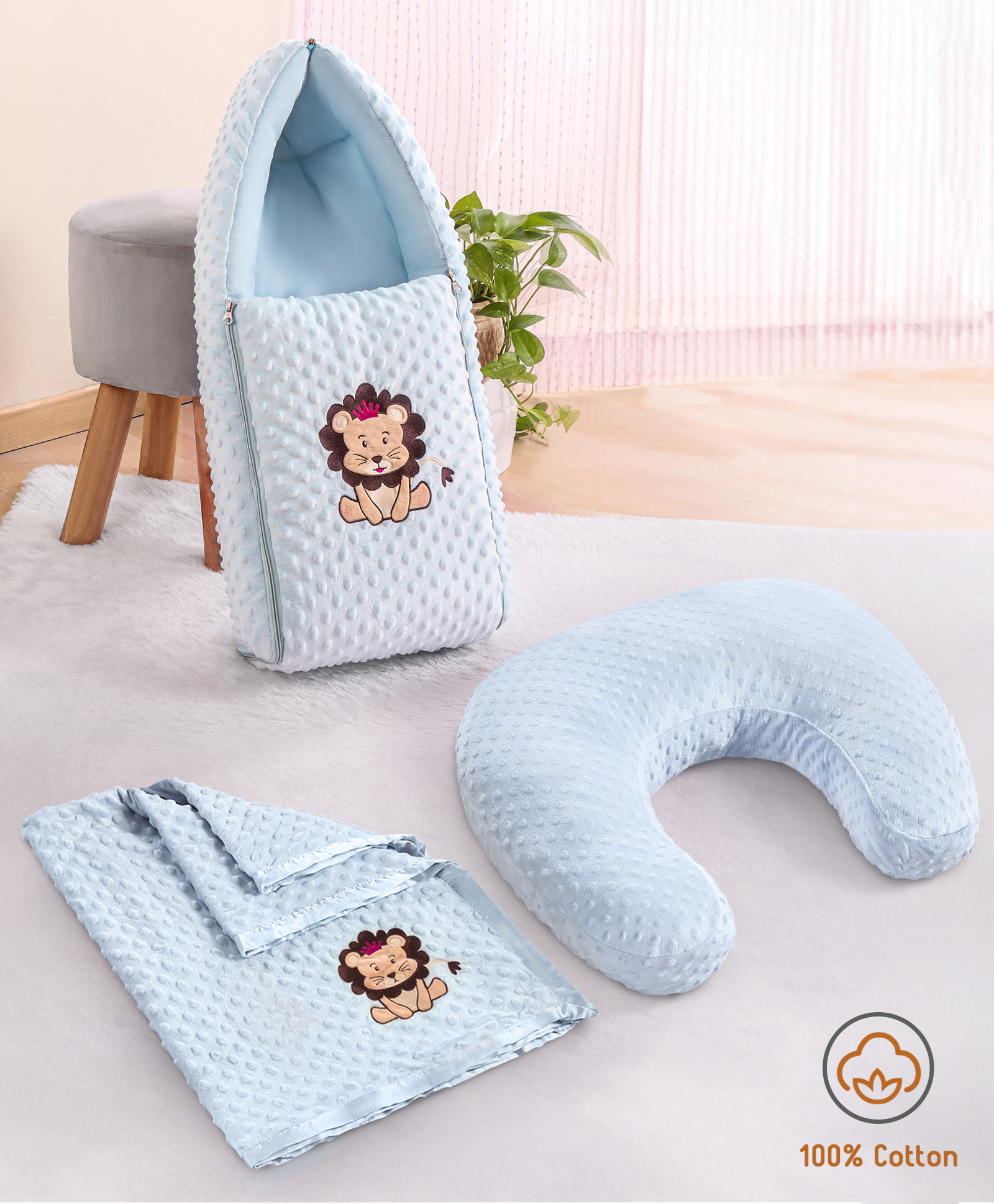 Babyhug Sleeping Bag Feeding Pillow & Blanket Combo Set with Lion Patch Detailing - Blue-image-27