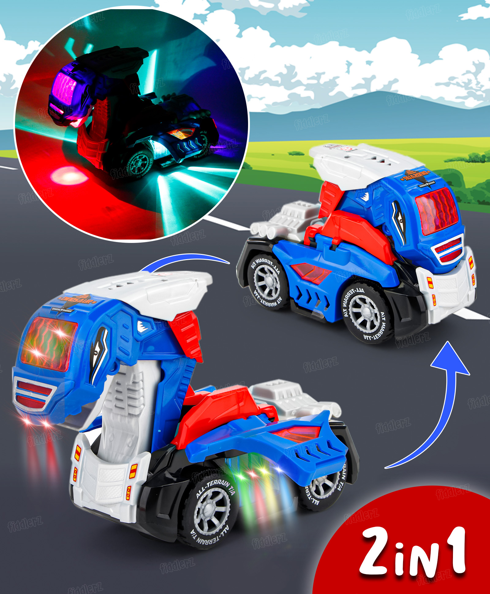 Fiddlerz 2-in-1 Deformed Car Dinosaur Toy with Lights and Sounds | Interactive Dino Truck with 360° Rotation Battery Operated | Perfect Gift for Boys and Girls- Red-image-19