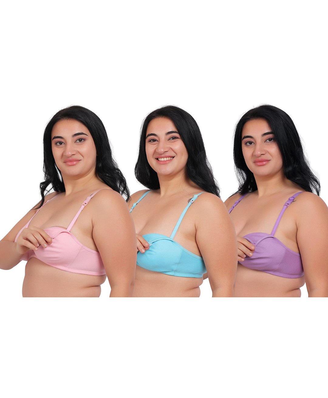 Fabme Pack Of 3 Cotton Sleeveless Solid Nursing Bras - Sea Green Pink & Lavender-picture-28