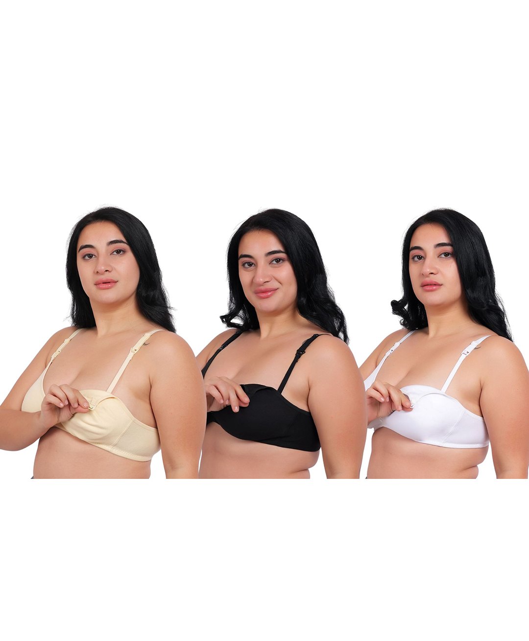 Fabme Pack Of 3 Cotton Sleeveless Solid Nursing Bras - Skin White & Black-picture-29