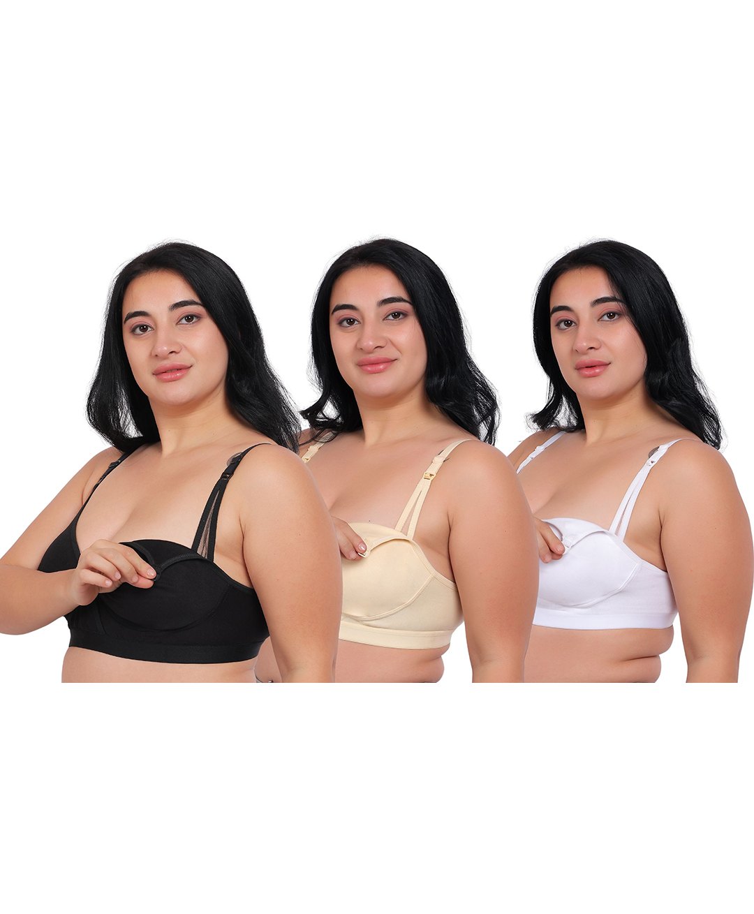 Fabme Pack Of 3 Cotton Sleeveless Solid Nursing Bras - Skin White & Black-picture-30