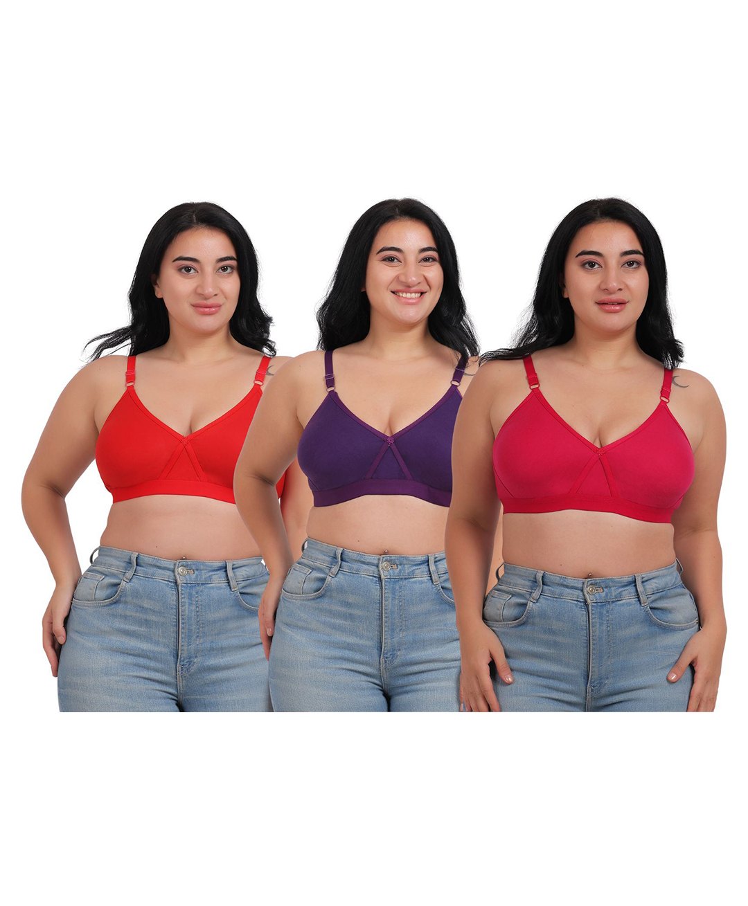 Fabme Pack Of 3 Cotton Sleeveless Solid Nursing Bras - Pink Red & Violet-picture-27