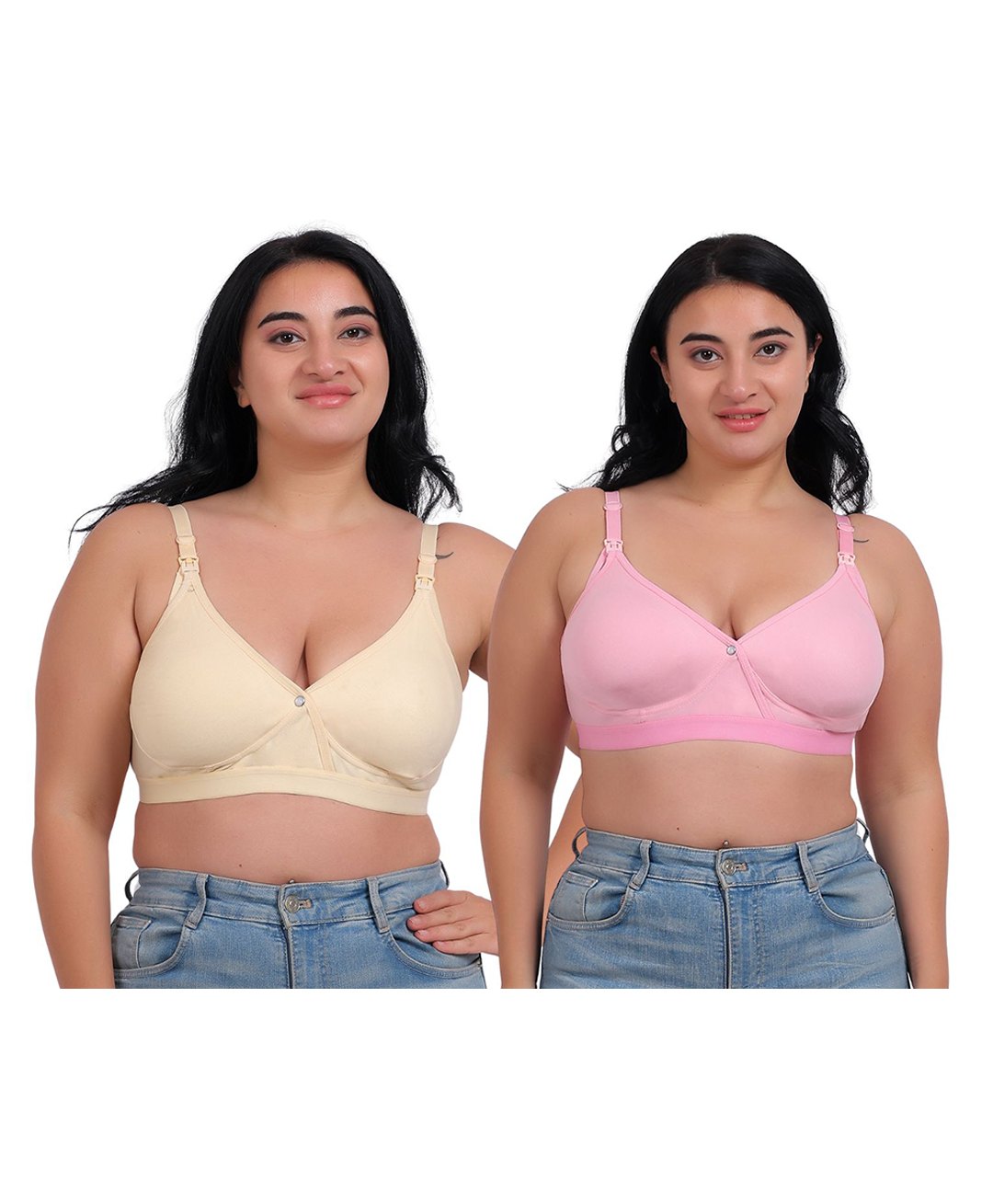 Fabme Pack Of 2 Cotton Sleeveless Solid Nursing Bras - Skin & Pink-image-12