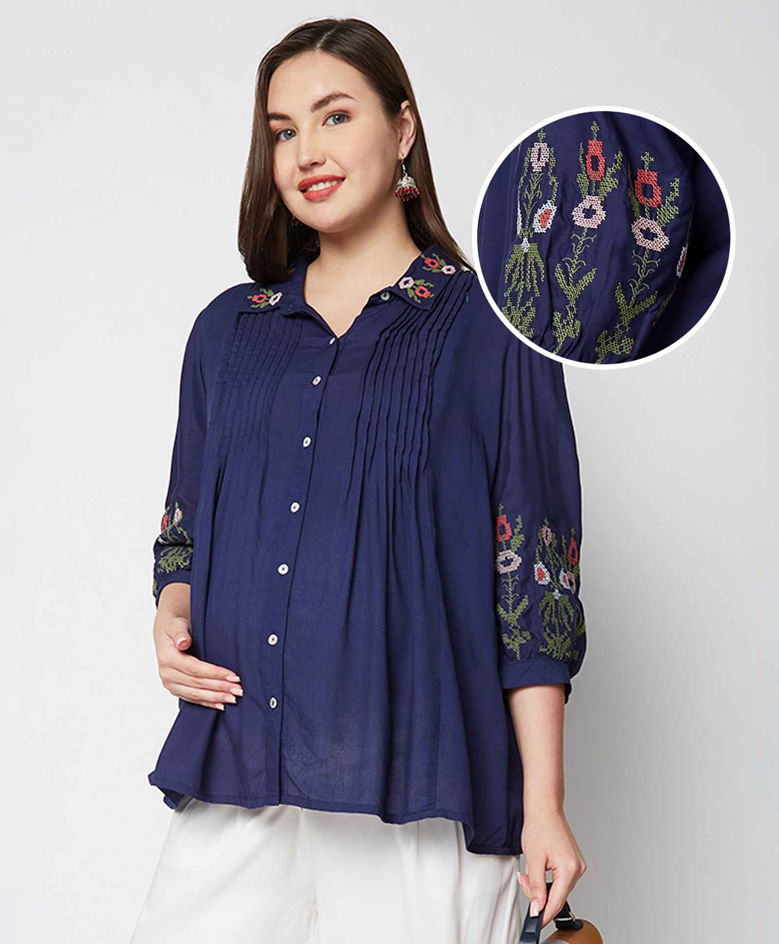 Bella Mama Woven Three Forth Sleeves Maternity Top with Floral Embroidered Collar & Sleeves - Navy Blue