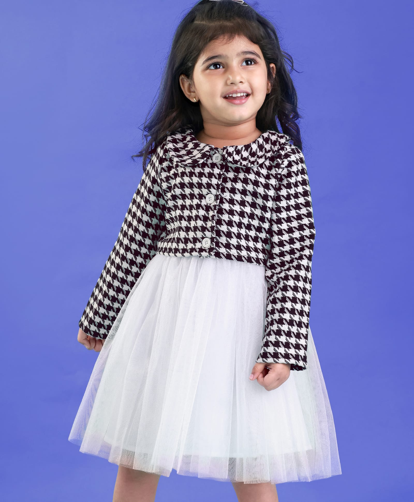 Babyhug Woven Party Dress & Full Sleeves Checks Shrug With Peter Pan Collar & Bow Applique - White & Black-image-11