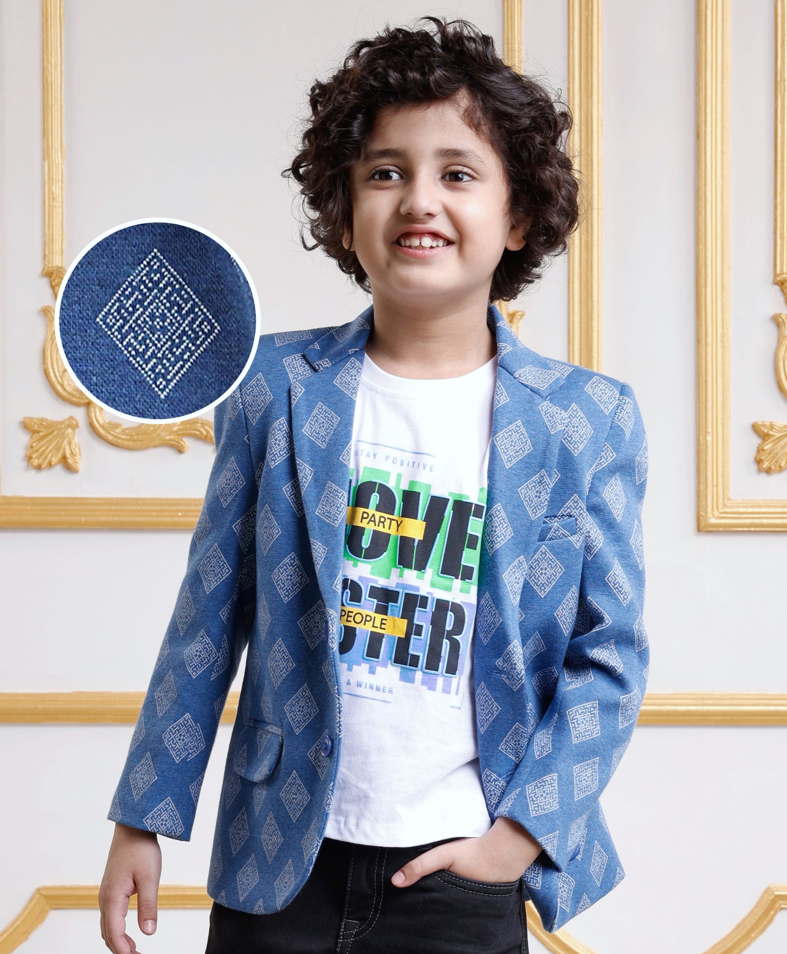Mark & Mia Cotton Woven Full Sleeves Printed Blazer & Half Sleeves T-Shirt With Text Print - Blue-image-18