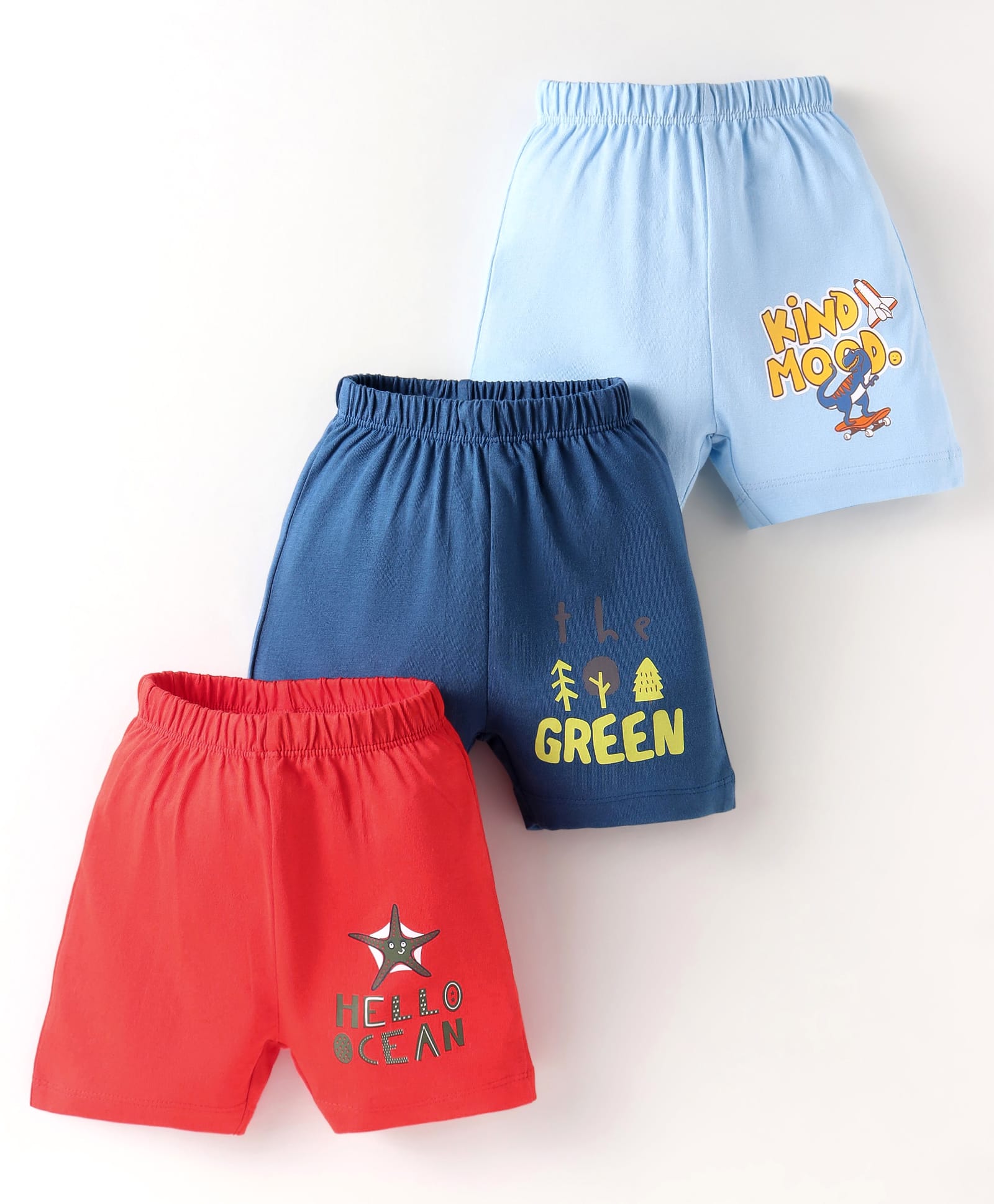OHMS Sinker Knit Above Knee Length Shorts with Text Print Pack of 3 - Red Light & Navy Blue-image-47