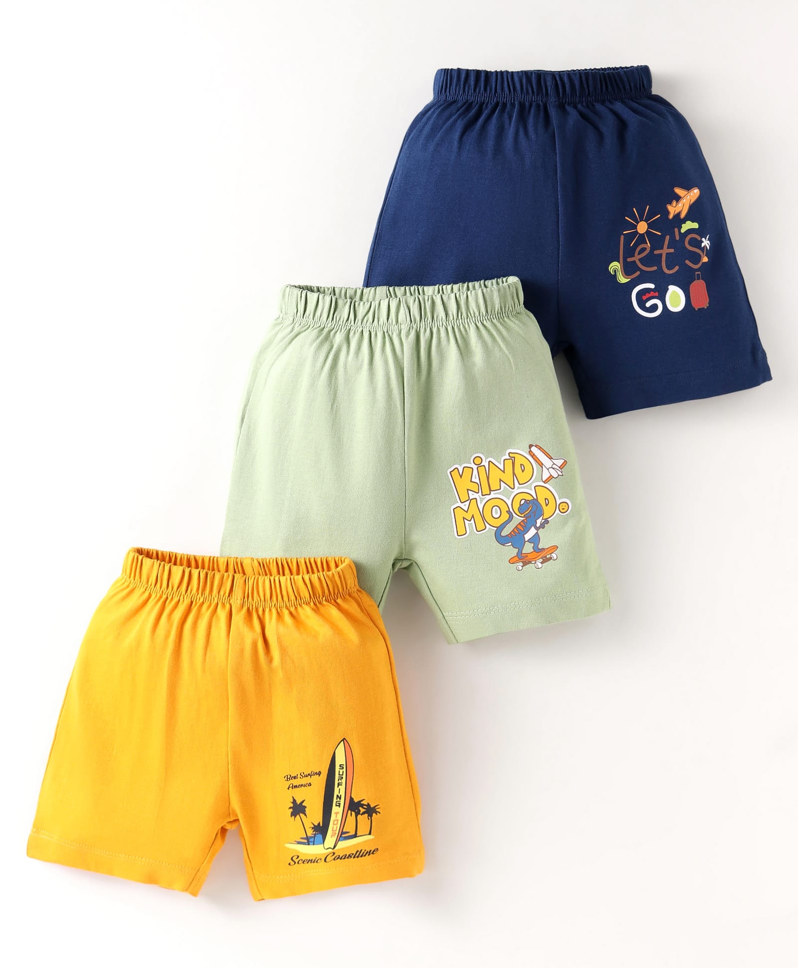 OHMS Sinker Knit Above Knee Length Shorts with Text Print Pack of 3 - Light Green Yellow & Navy Blue-image-23