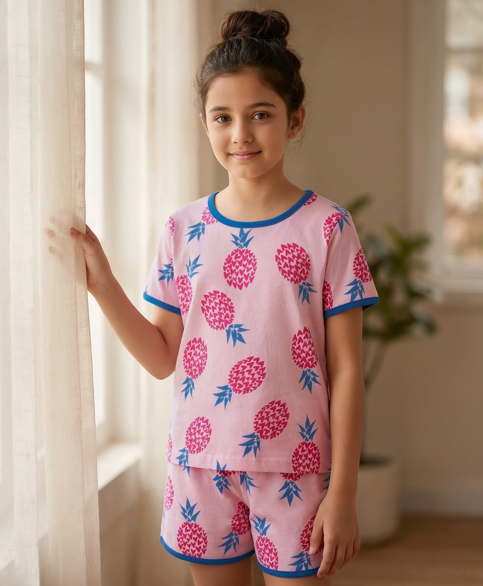 Pine Kids Single Jersey Knit Half Sleeves Shorts Night Suit with Tropical Print - Pink-image-42