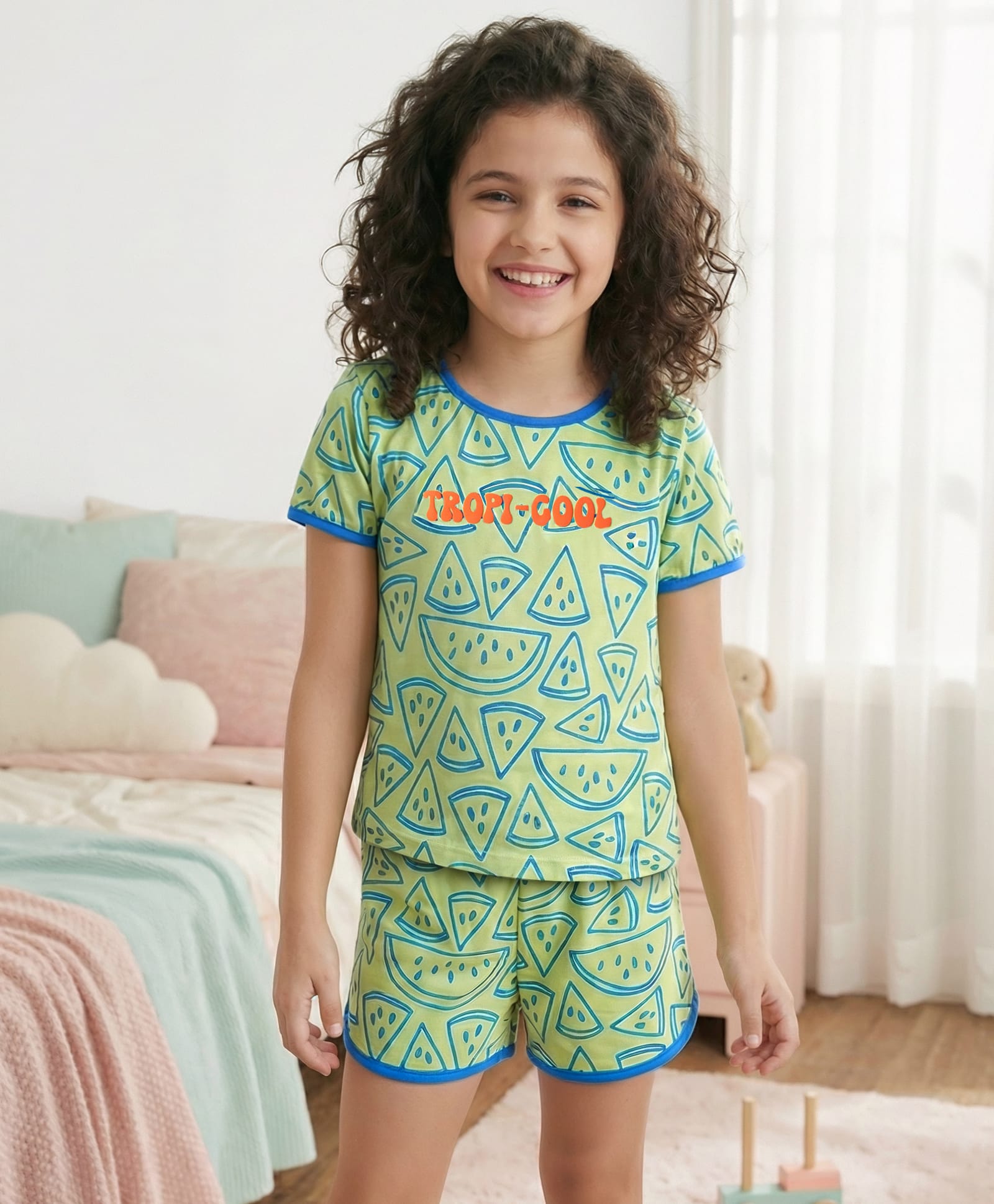 Pine Kids Single Jersey Knit Half Sleeves Shorts Night Suit with Tropical Text Print - Light Green-image-37