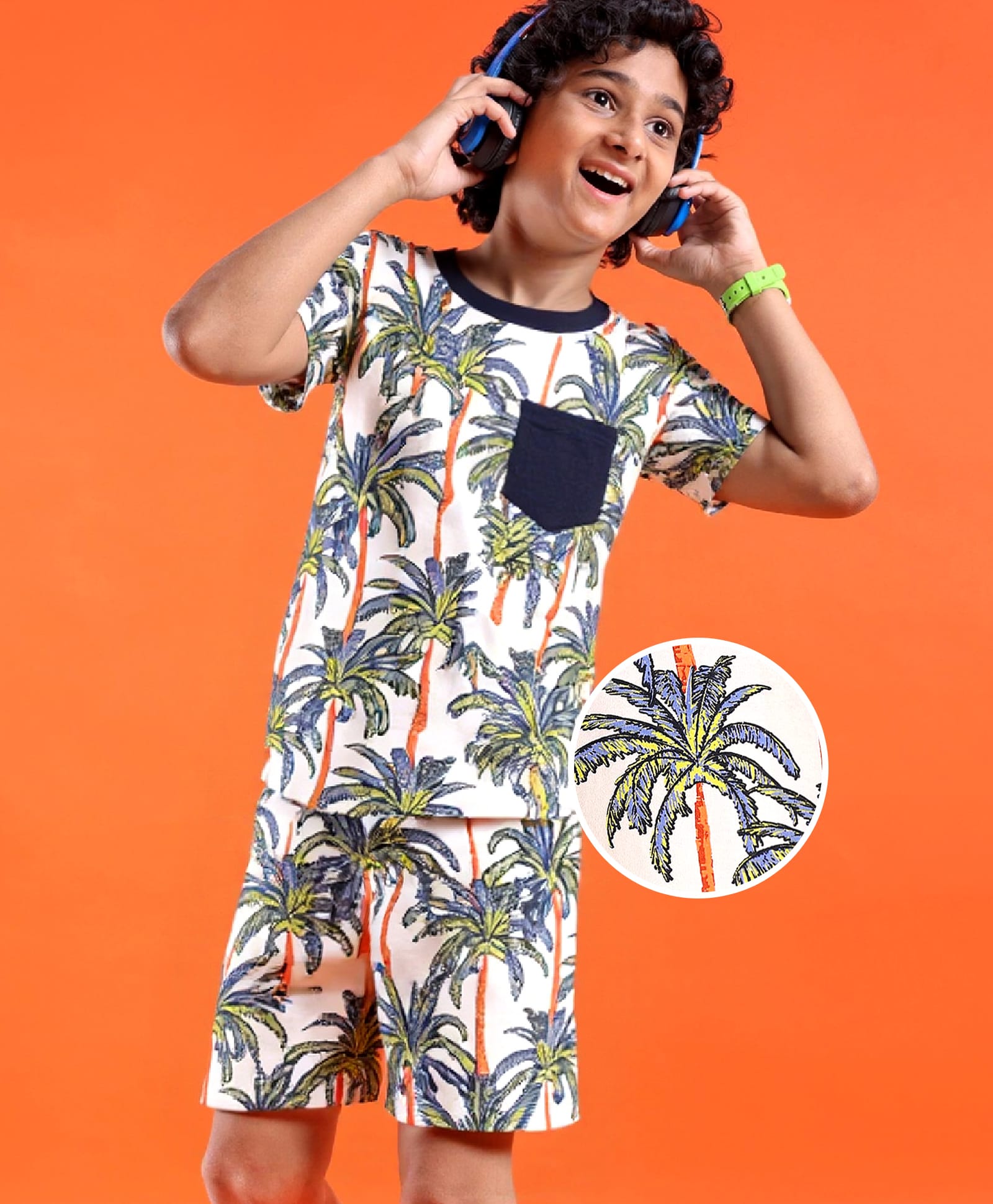 Pine Kids Single Jersey Knit Half Sleeves Shorts Night Suit with Tropical Print -White-image-31