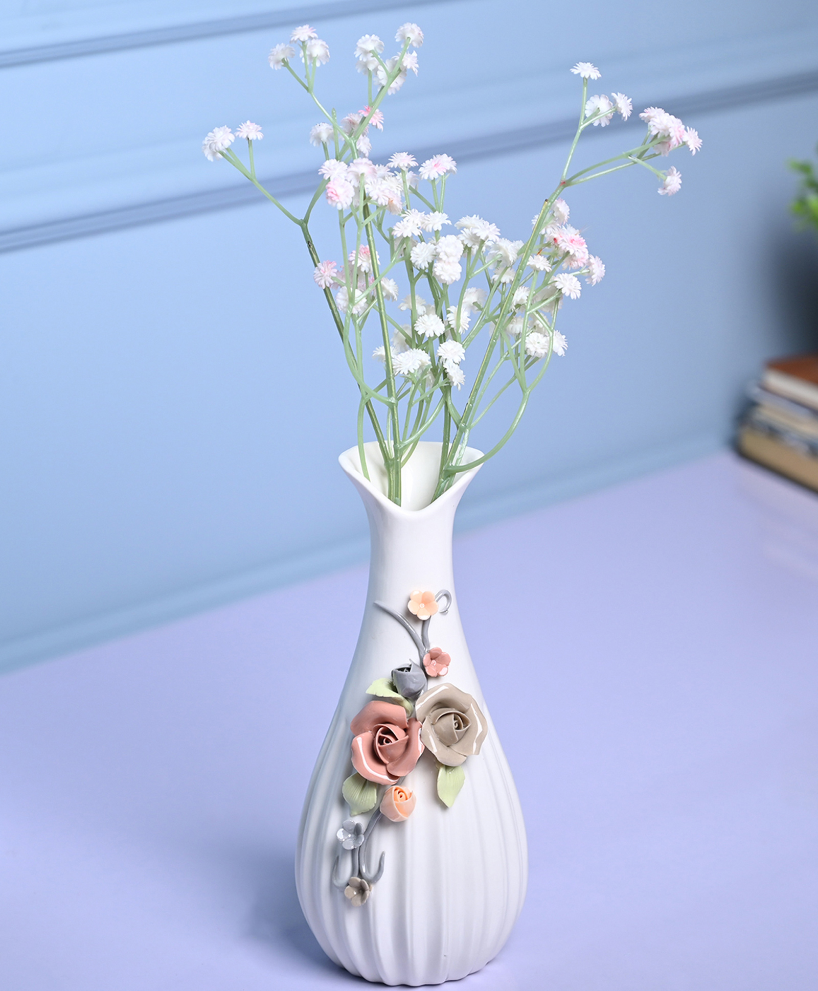 Voncasa Floral Delight - White Asymmetrical Vase-image-6