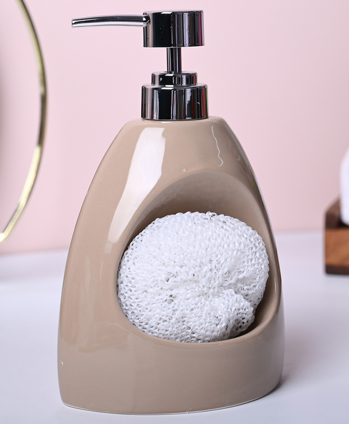 VONCASA Rustic Brown Kitchen Dispenser With Scrubber - Cylindrical Shape (550 ml)-image-10