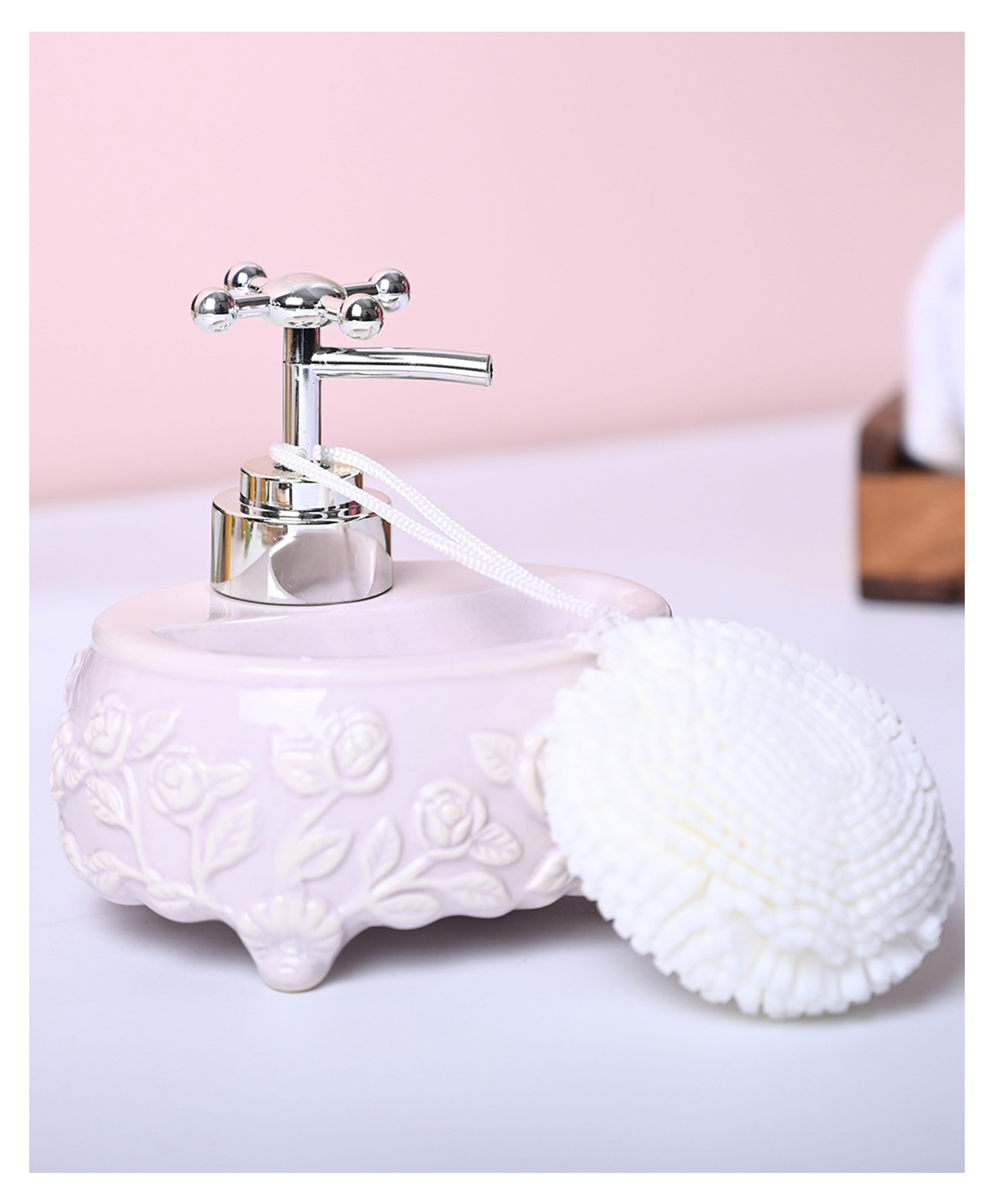 VONCASA Light Pink Kitchen Dispenser Set with Scrubber - Oval Shape (450 ml)-picture-41