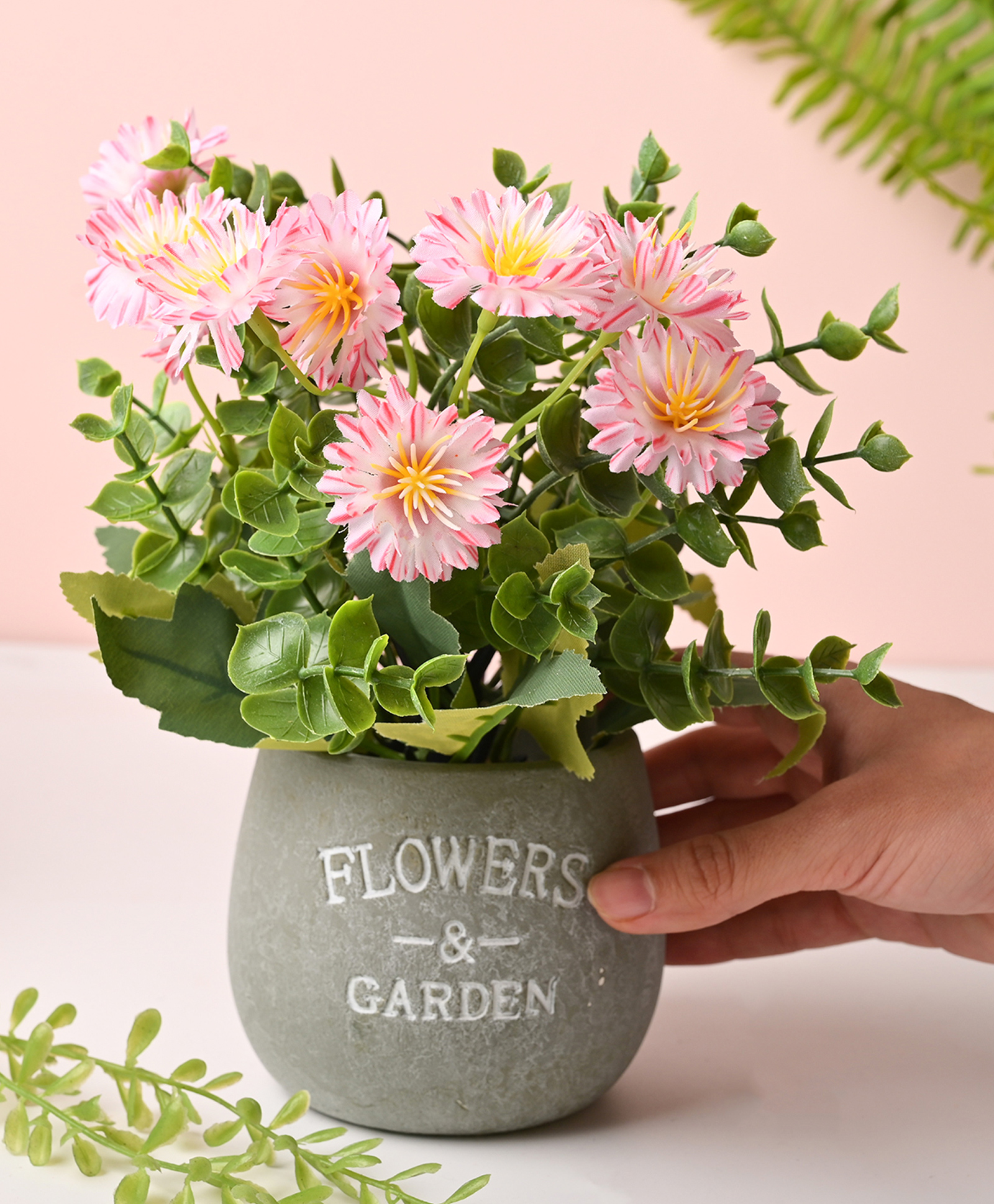 VONCASA Plastic Green Color Artificial Flower With Pot-image-3