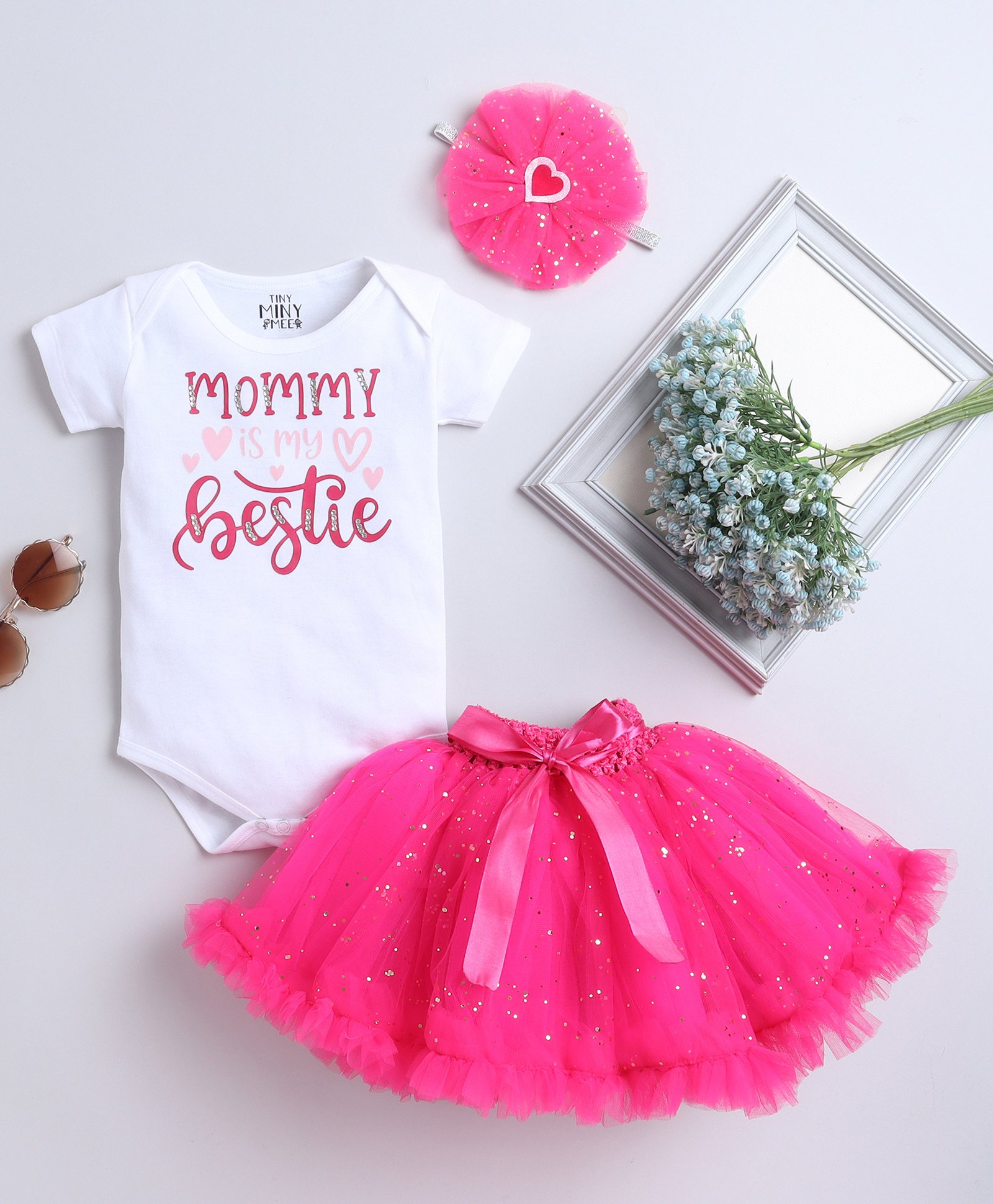 TINY MINY MEE Pack Of 3 Half Sleeves Typography Printed & Stone Embellished Onesie With Net Tutu Skirt & Headband Set - Magenta & White-picture-13