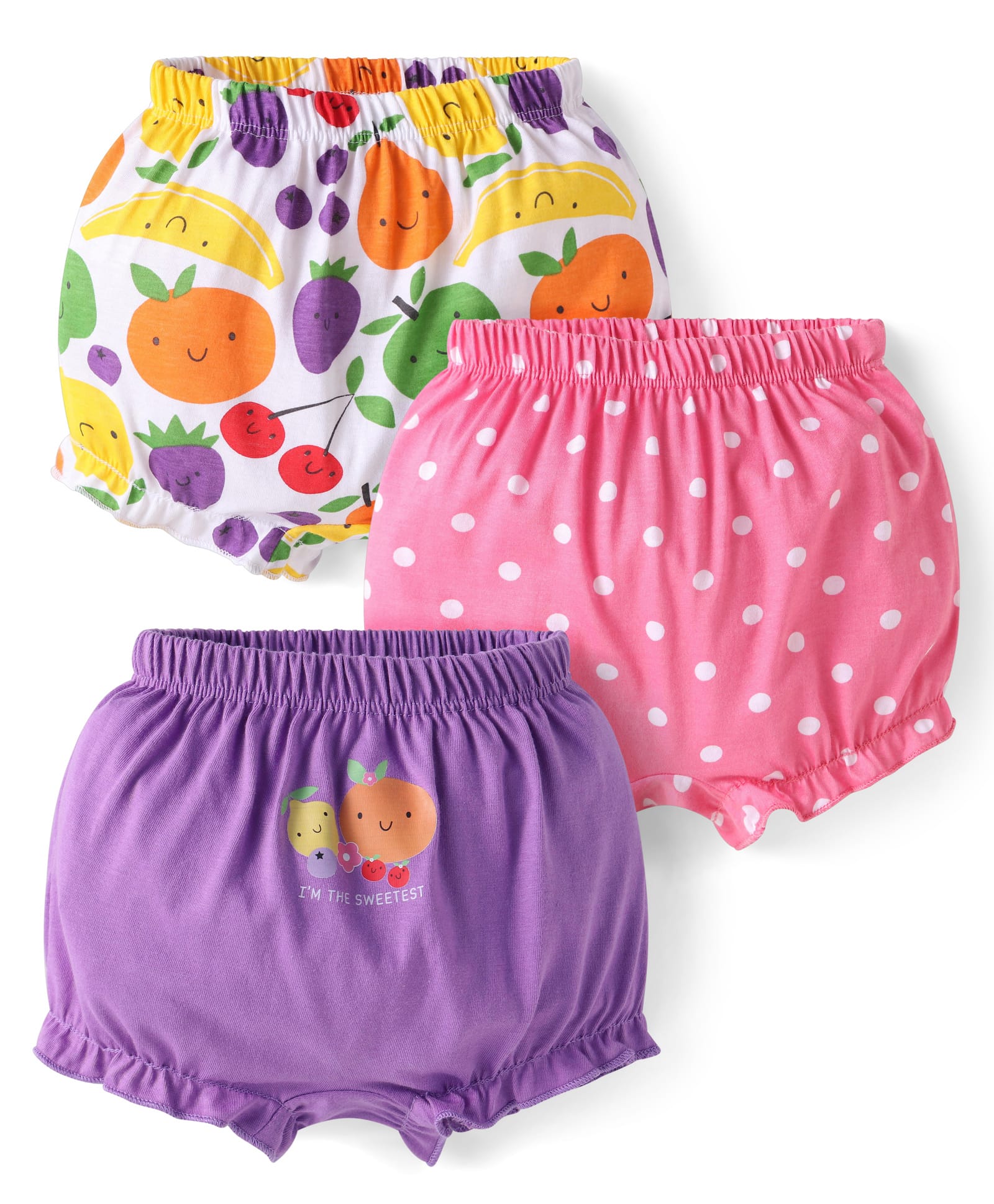 Babyhug 100% Cotton Knit Polka Dots & Fruit Printed Bloomers Pack of 3 - Purple Pink & White-image-35